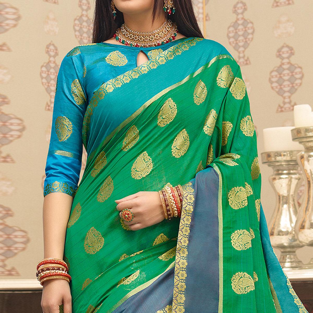 Preferable Dark Green Colored Festive Wear Woven Cotton Handloom Saree - Peachmode