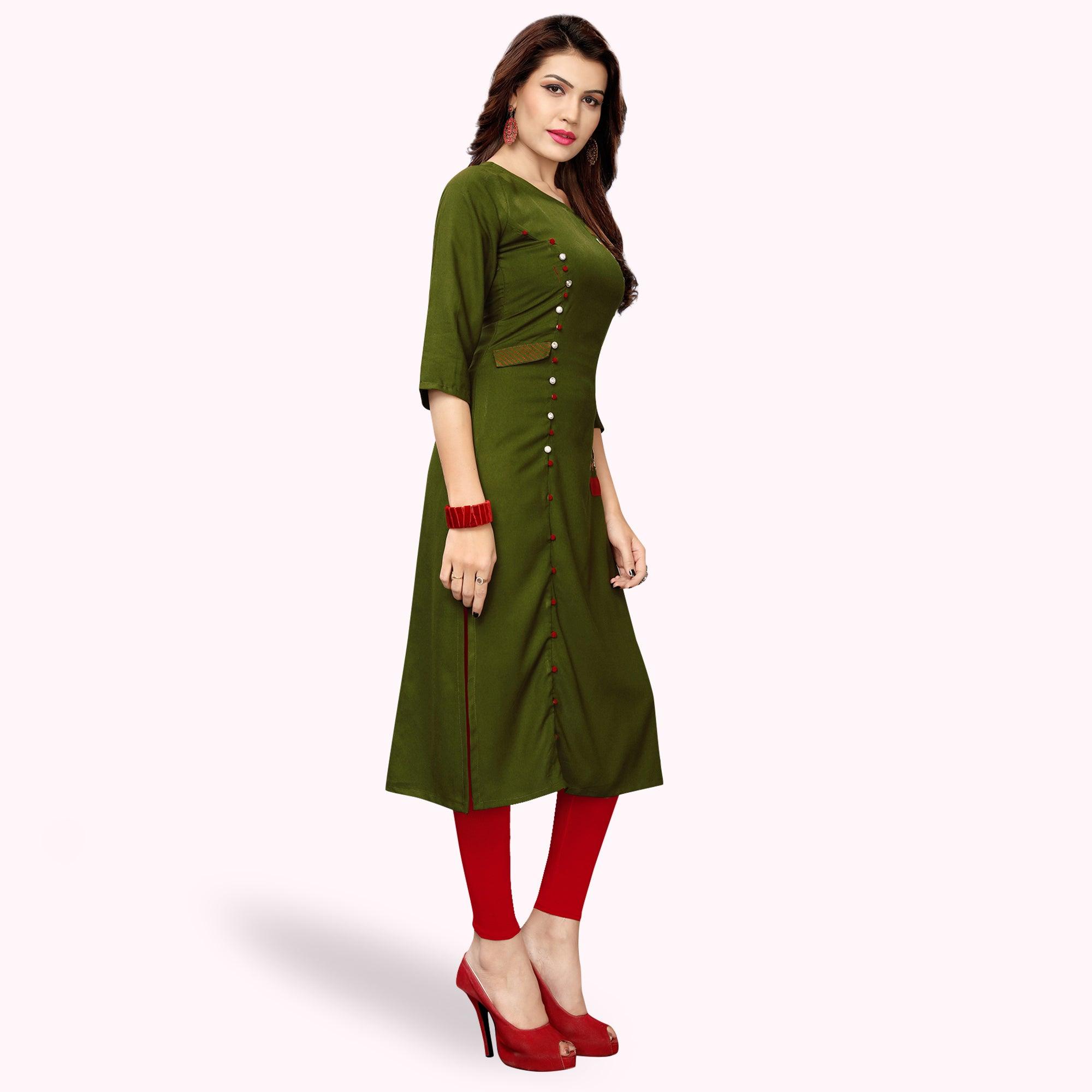 Preferable Dark Olive Green Colored Partywear Embroidered Rayon Kurti - Peachmode