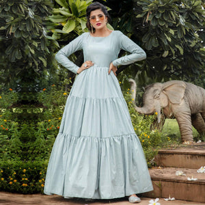 Preferable Dusty Sky Blue Colored Party Wear Foil Printed Silk Blend Gown - Peachmode