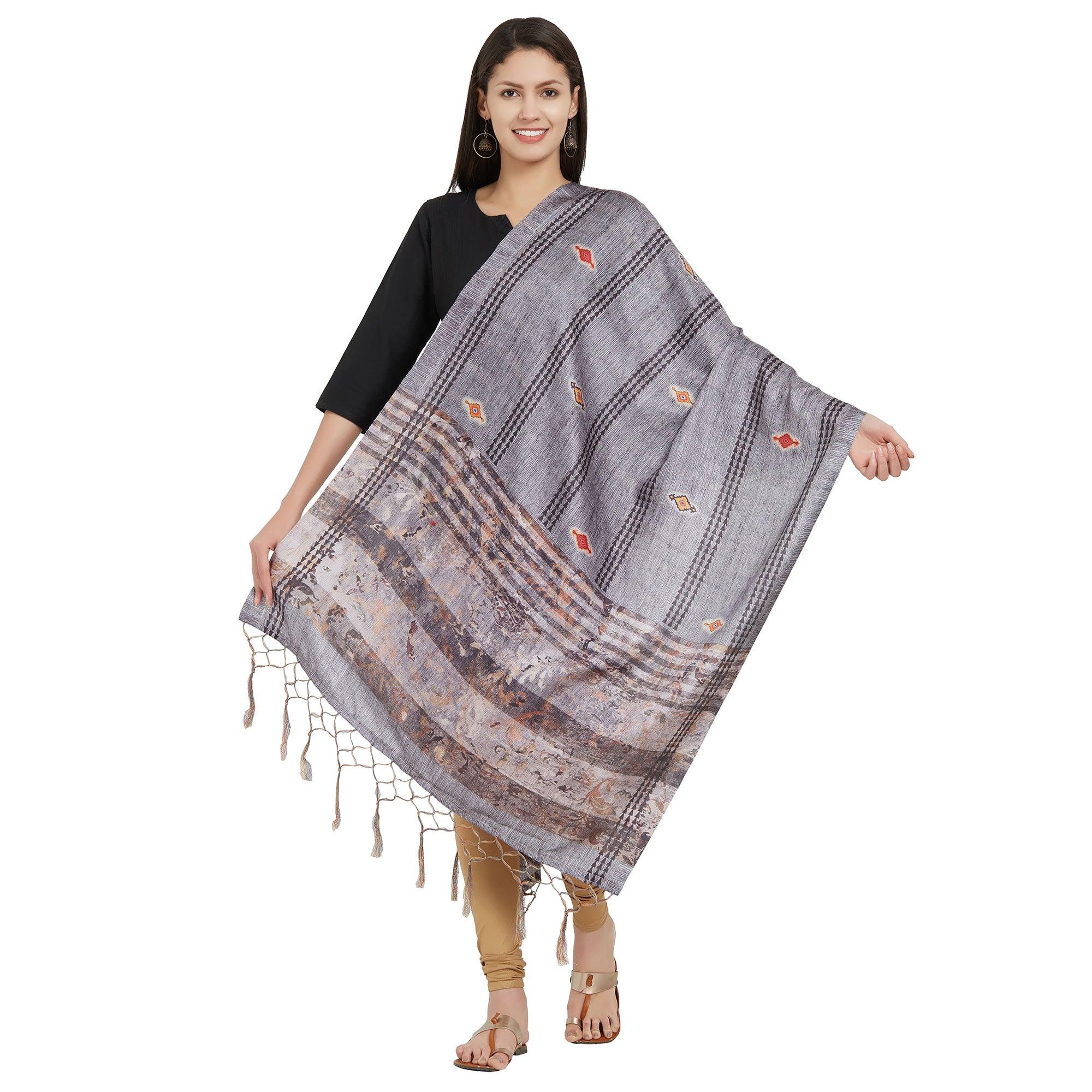 Preferable Gray Colored Casual Printed Pashmina Silk Dupatta - Peachmode