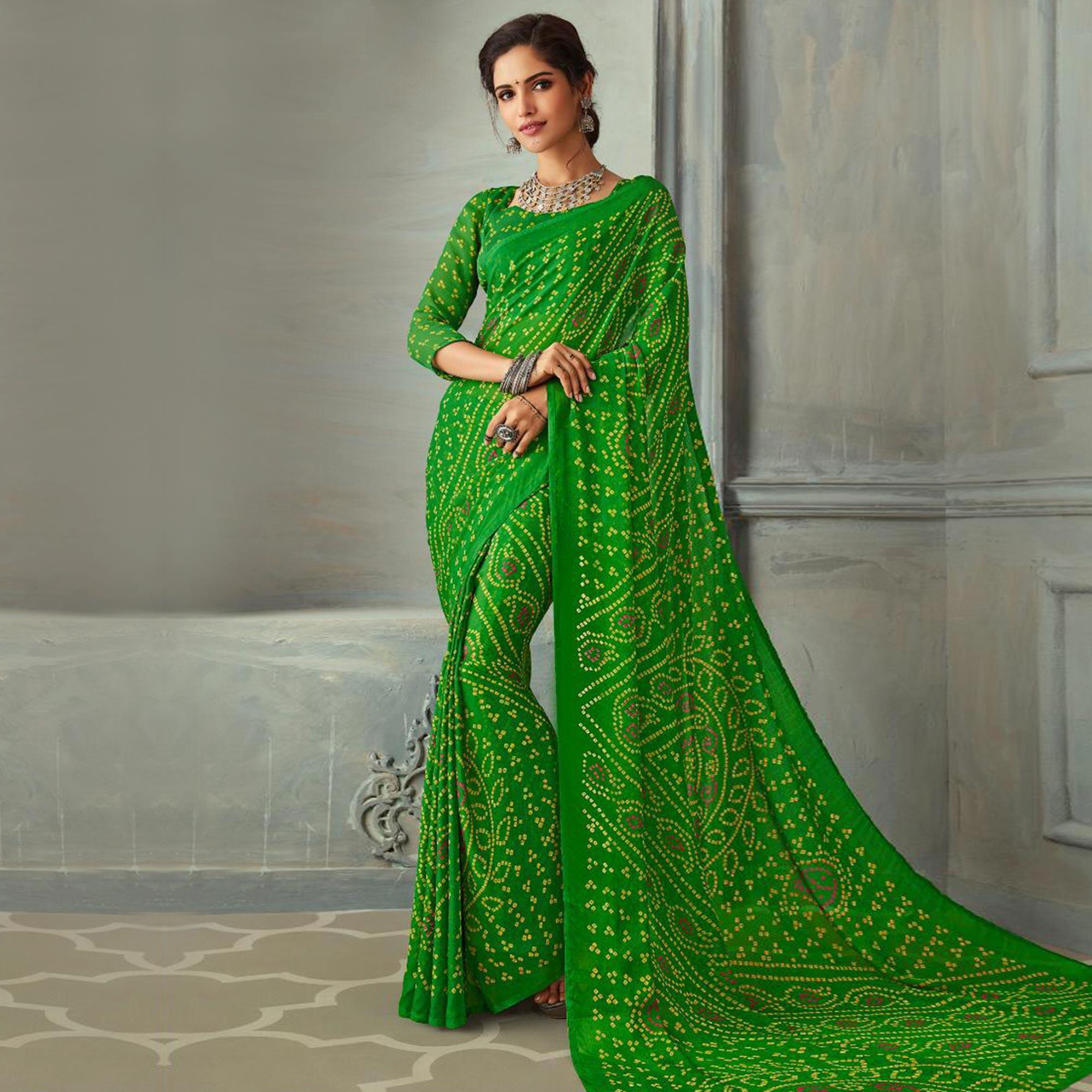 Preferable Green Colored Casual Wear Bandhani Printed Chiffon Saree - Peachmode