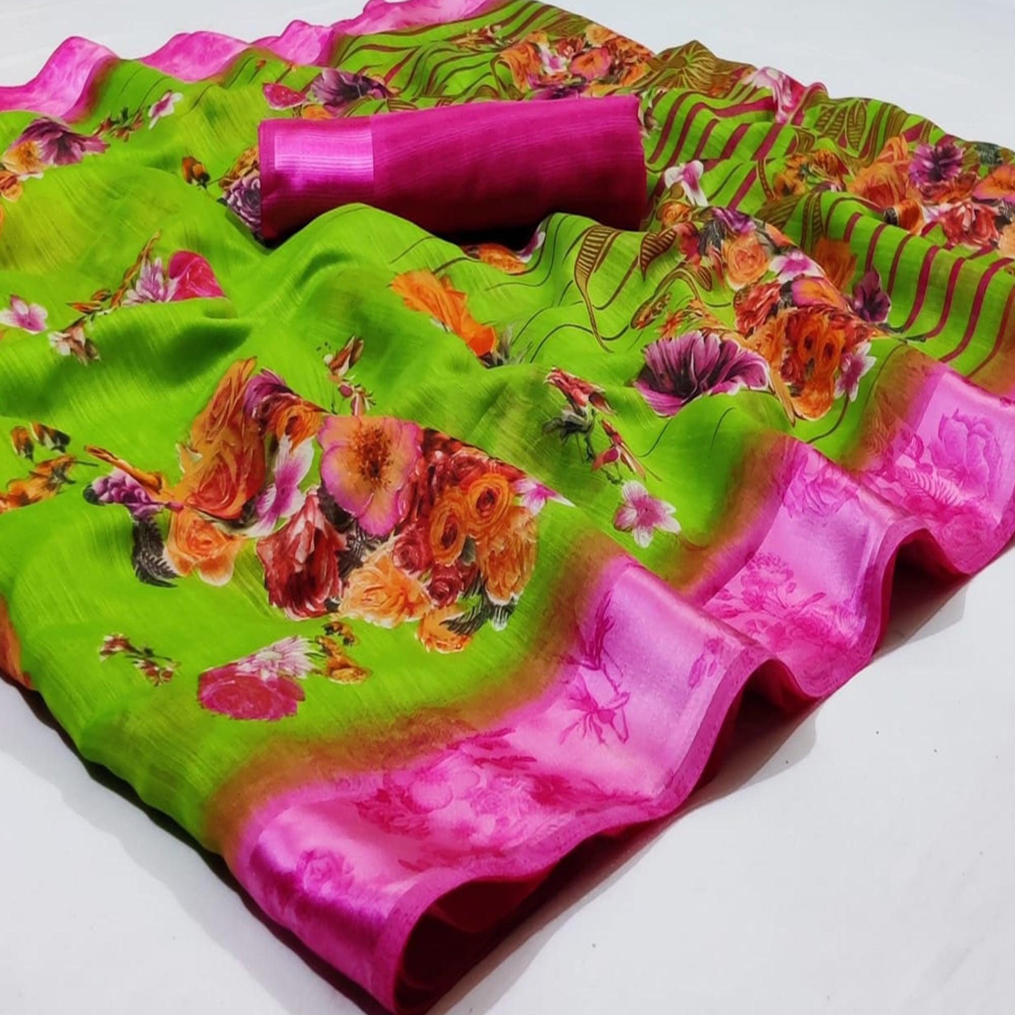 Preferable Green Colored Casual Wear Fancy Printed Linen Saree - Peachmode