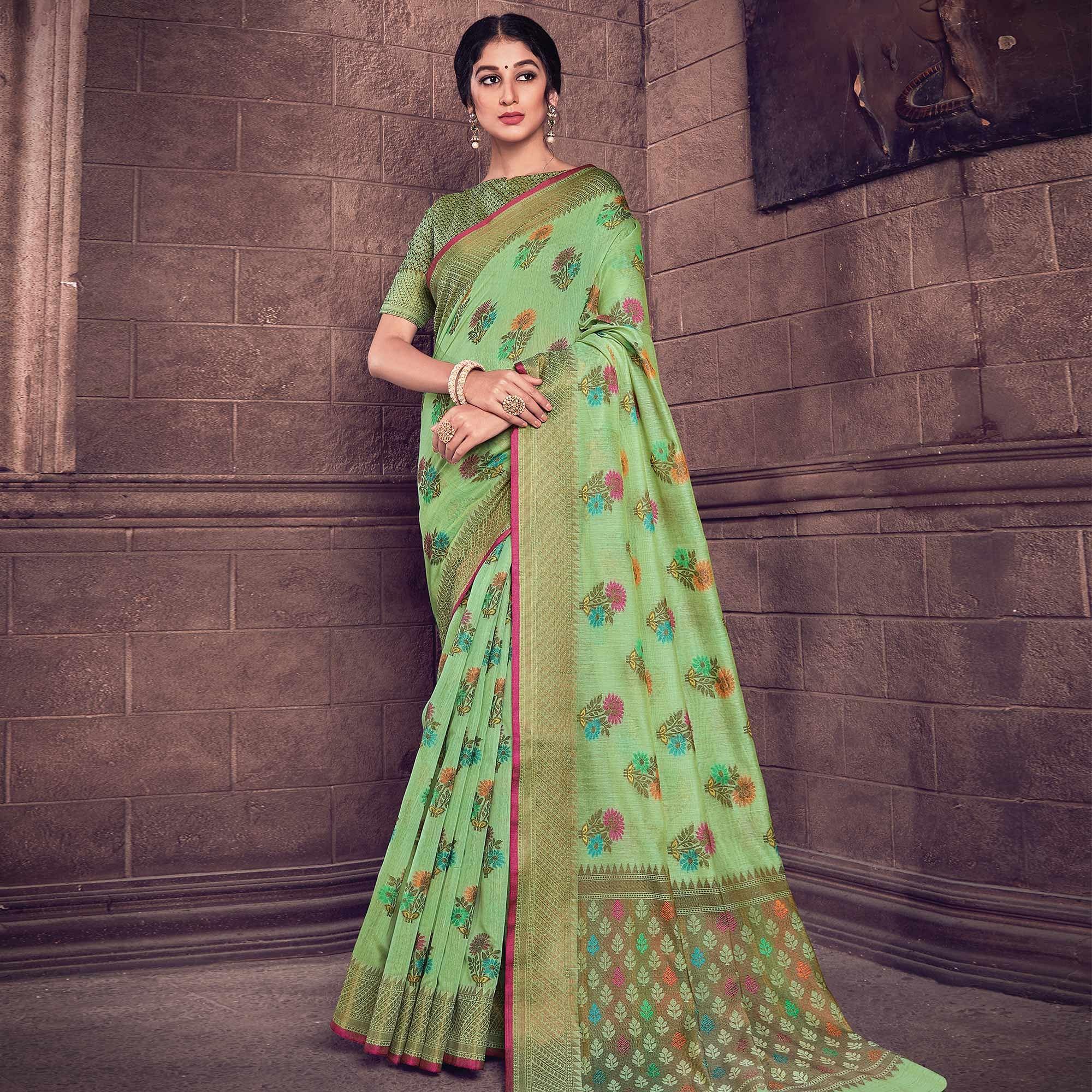Preferable Green Colored Festive Wear Woven Handloom Silk Saree - Peachmode