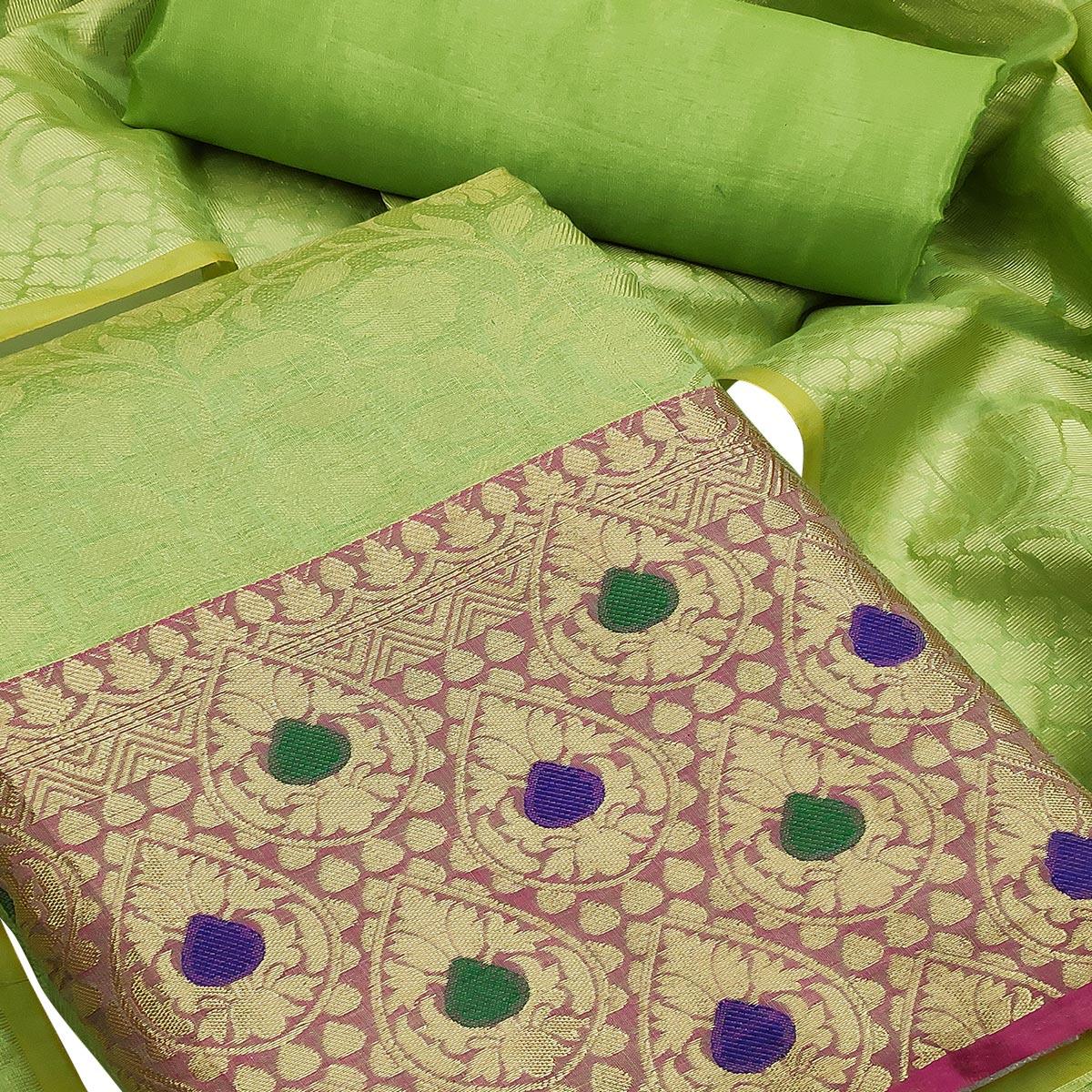 Preferable Green Colored Festive Wear Woven Heavy Banarasi Silk Dress Material - Peachmode