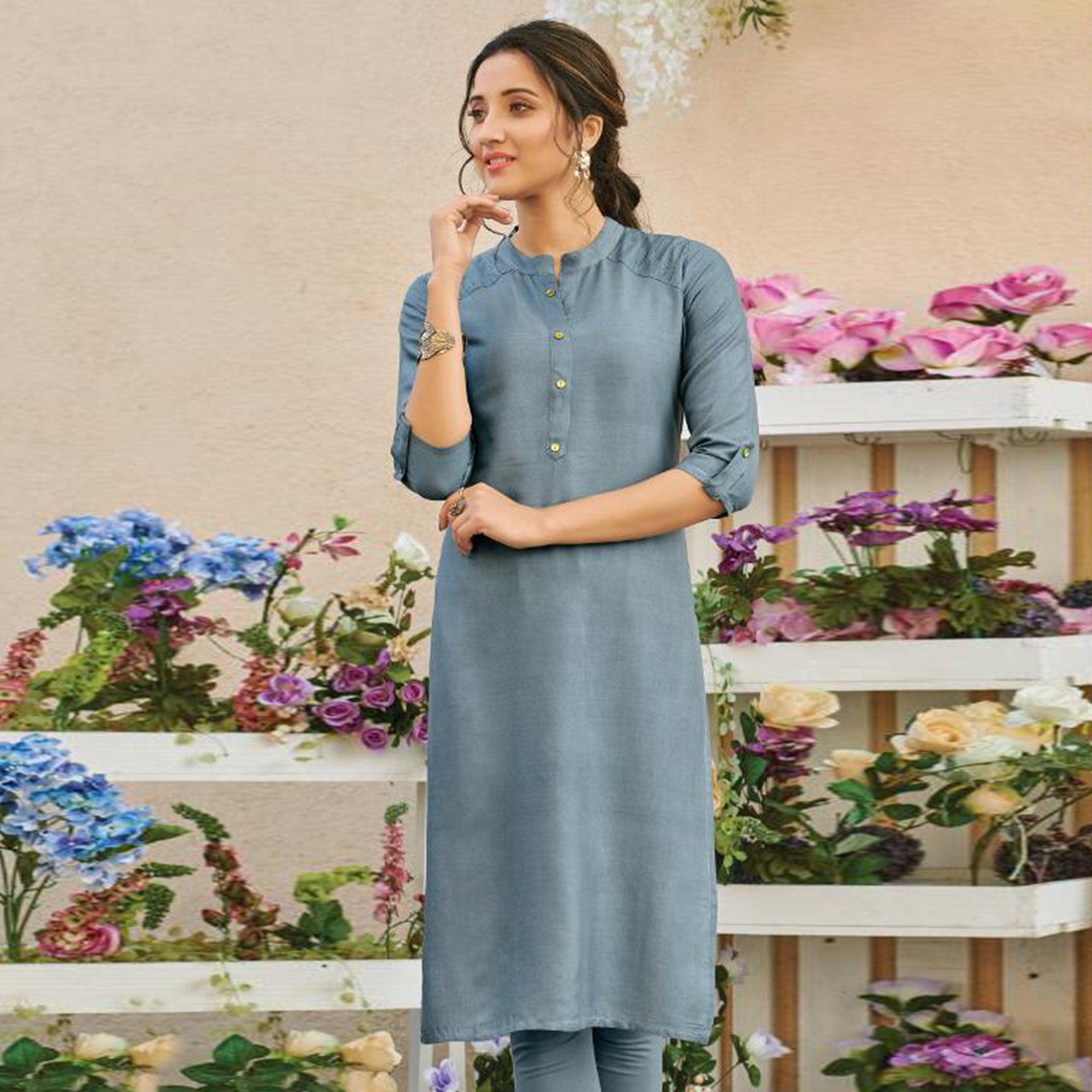 Preferable Grey Colored Casual Wear Solid Pure Rayon Kurti - Peachmode