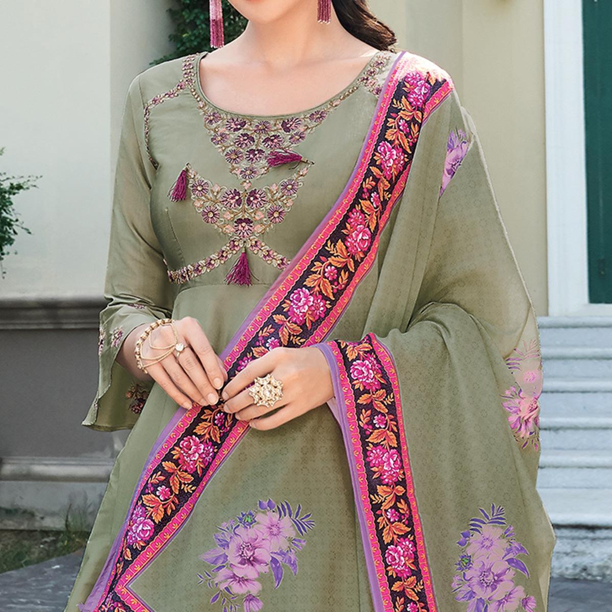 Preferable Light Green Colored Partywear Embroidered Silk Anarkali Suit - Peachmode