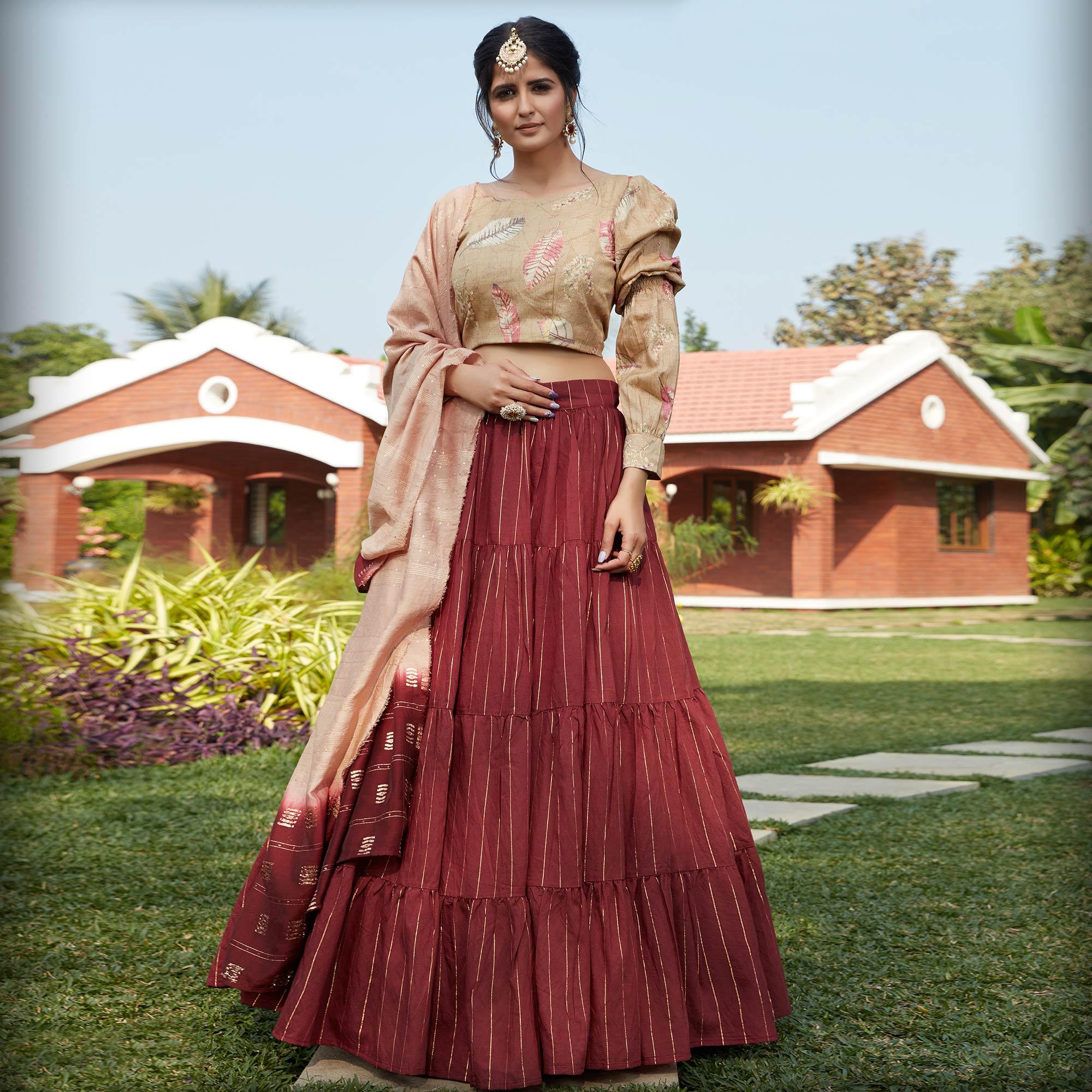 Preferable Maroon - Multi Colored Wedding Partywear Woven Cotton Lehenga Choli - Peachmode