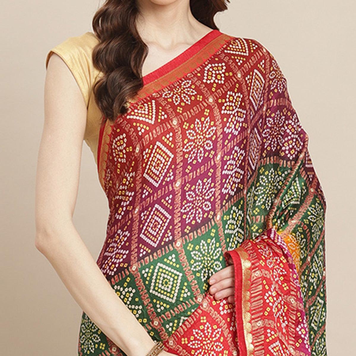Preferable Multi Colored Festive Wear Woven Moss Georgette Saree - Peachmode