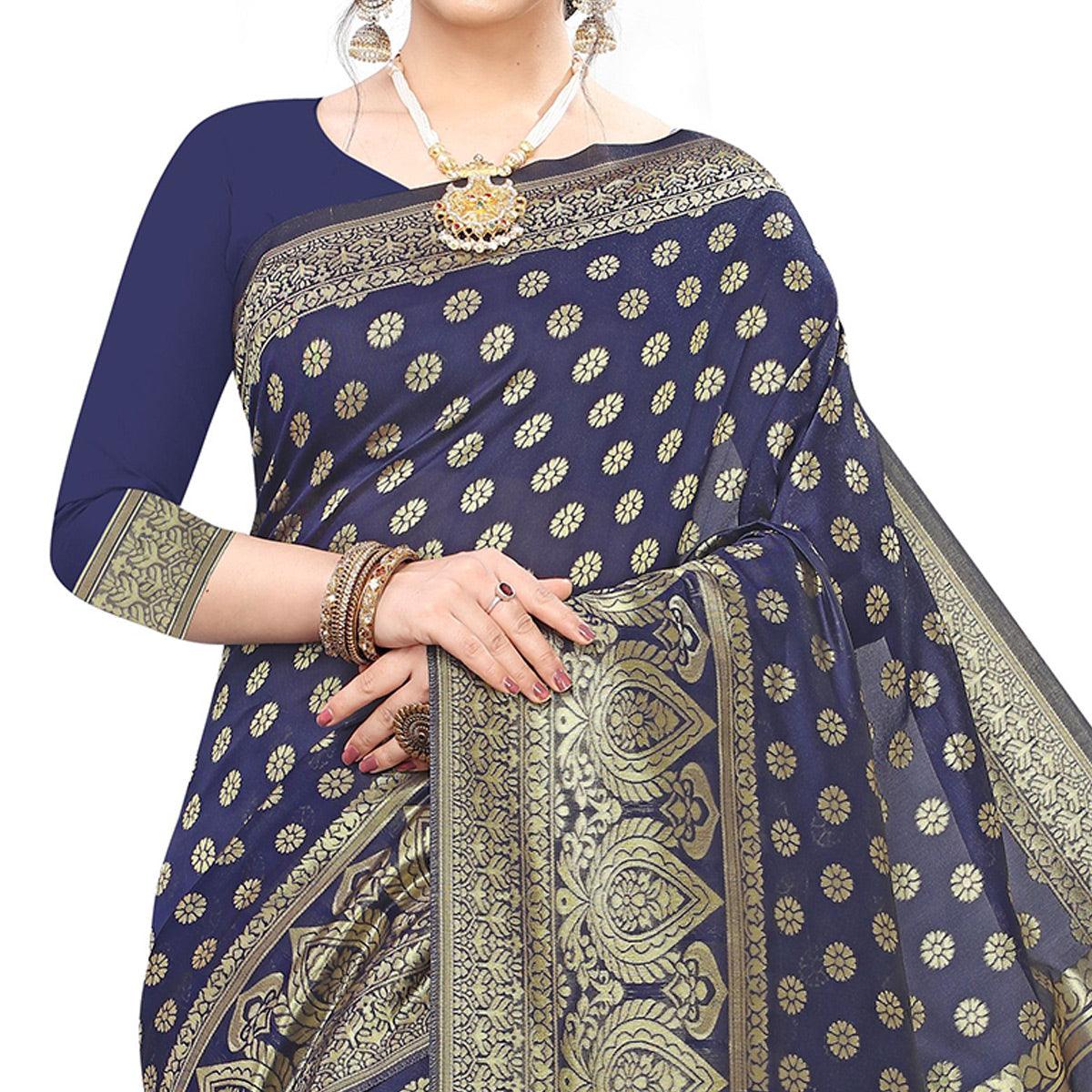 Preferable Navy Blue Colored Festive Wear Woven Art Silk Saree - Peachmode