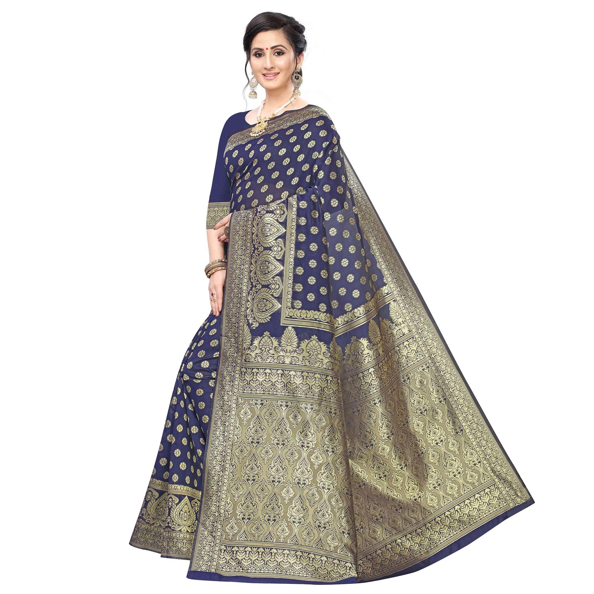 Preferable Navy Blue Colored Festive Wear Woven Art Silk Saree - Peachmode