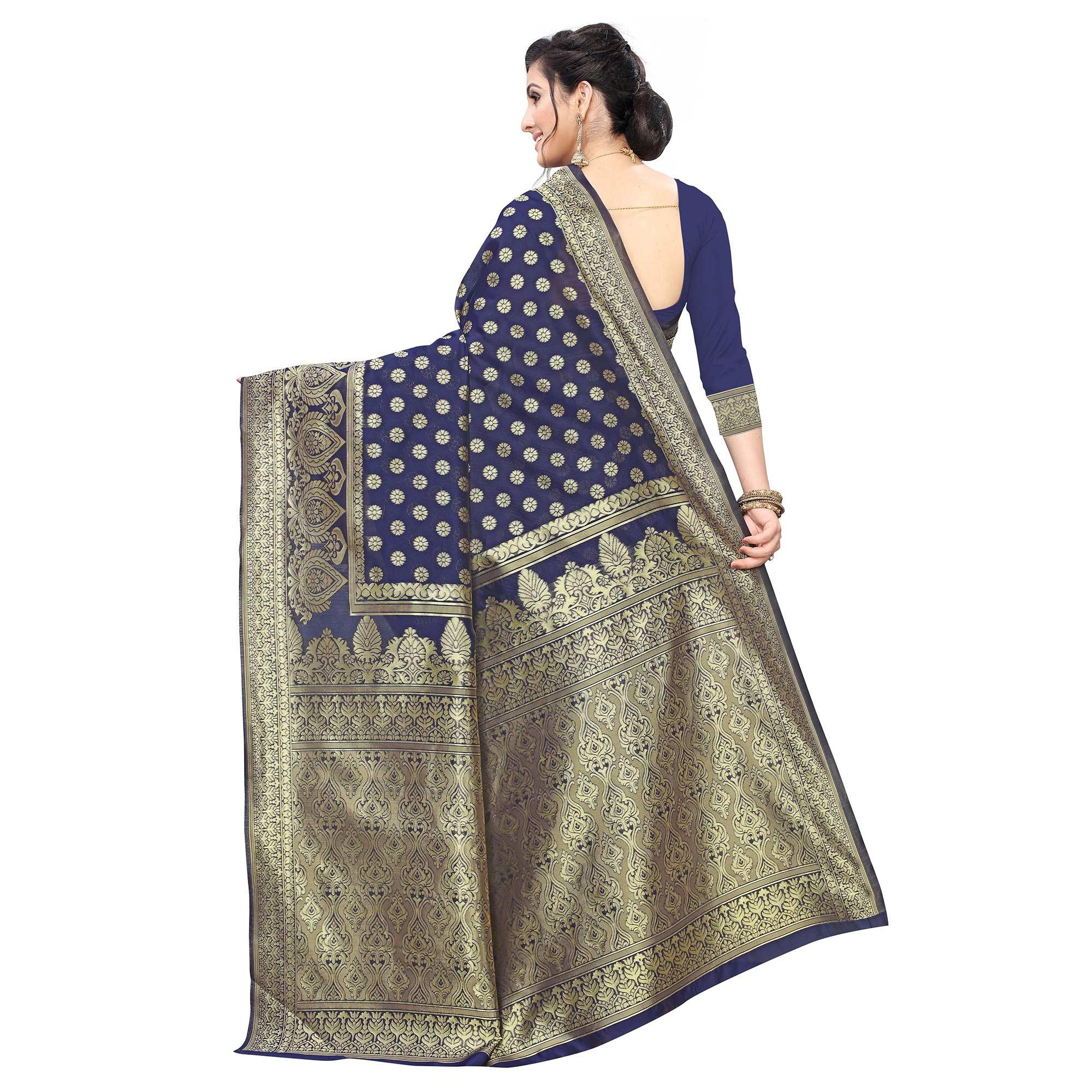 Preferable Navy Blue Colored Festive Wear Woven Art Silk Saree - Peachmode