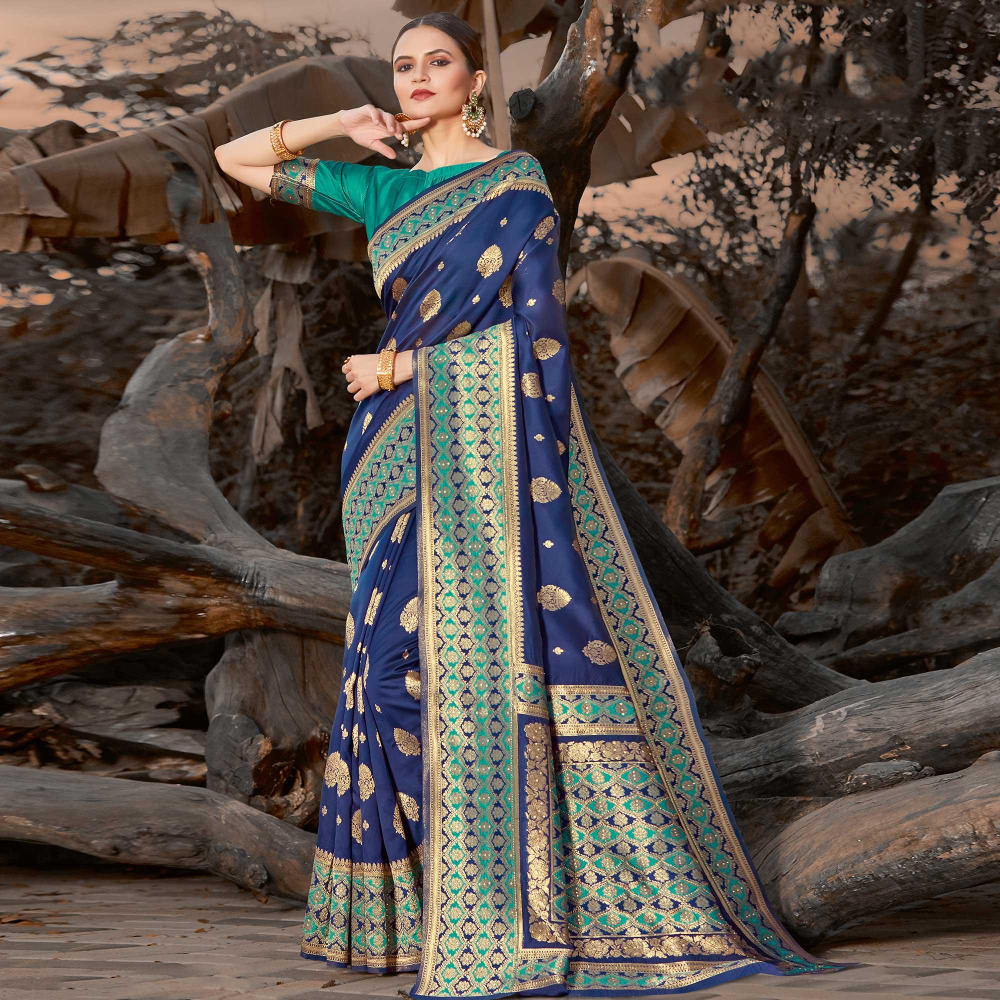 Preferable Navy Blue Colored Festive Wear Woven Silk Saree - Peachmode