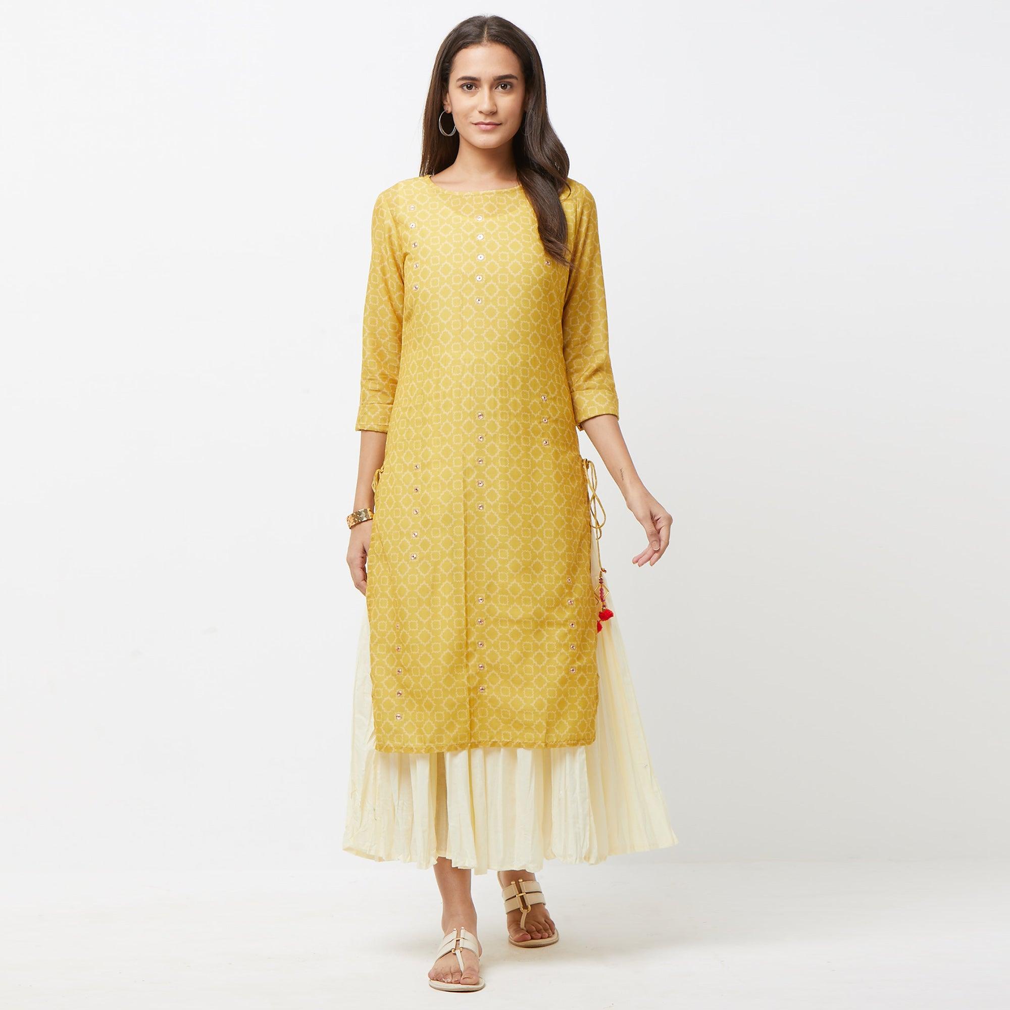 Preferable Off White-Mustard Yellow Colored Partywear Printed Cotton Long Kurti - Peachmode