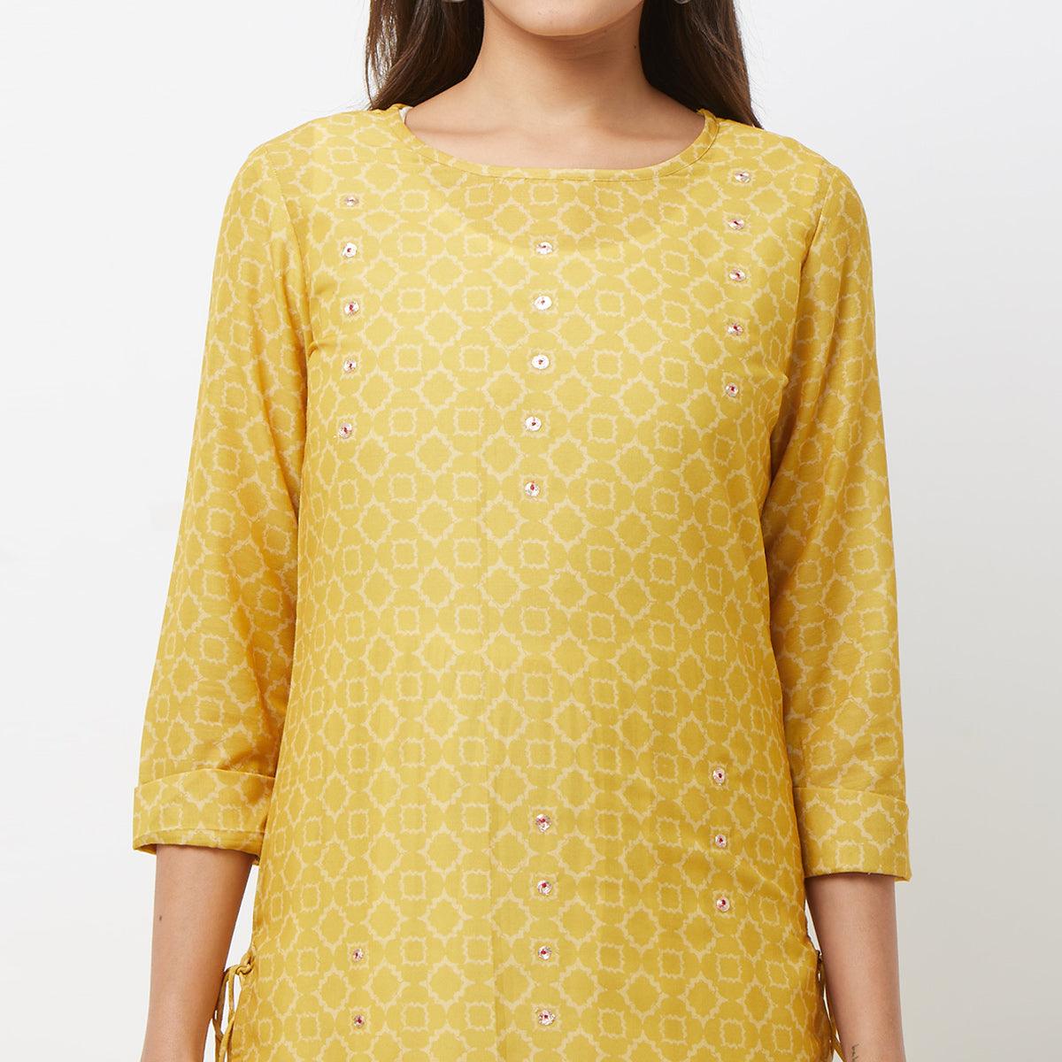 Preferable Off White-Mustard Yellow Colored Partywear Printed Cotton Long Kurti - Peachmode