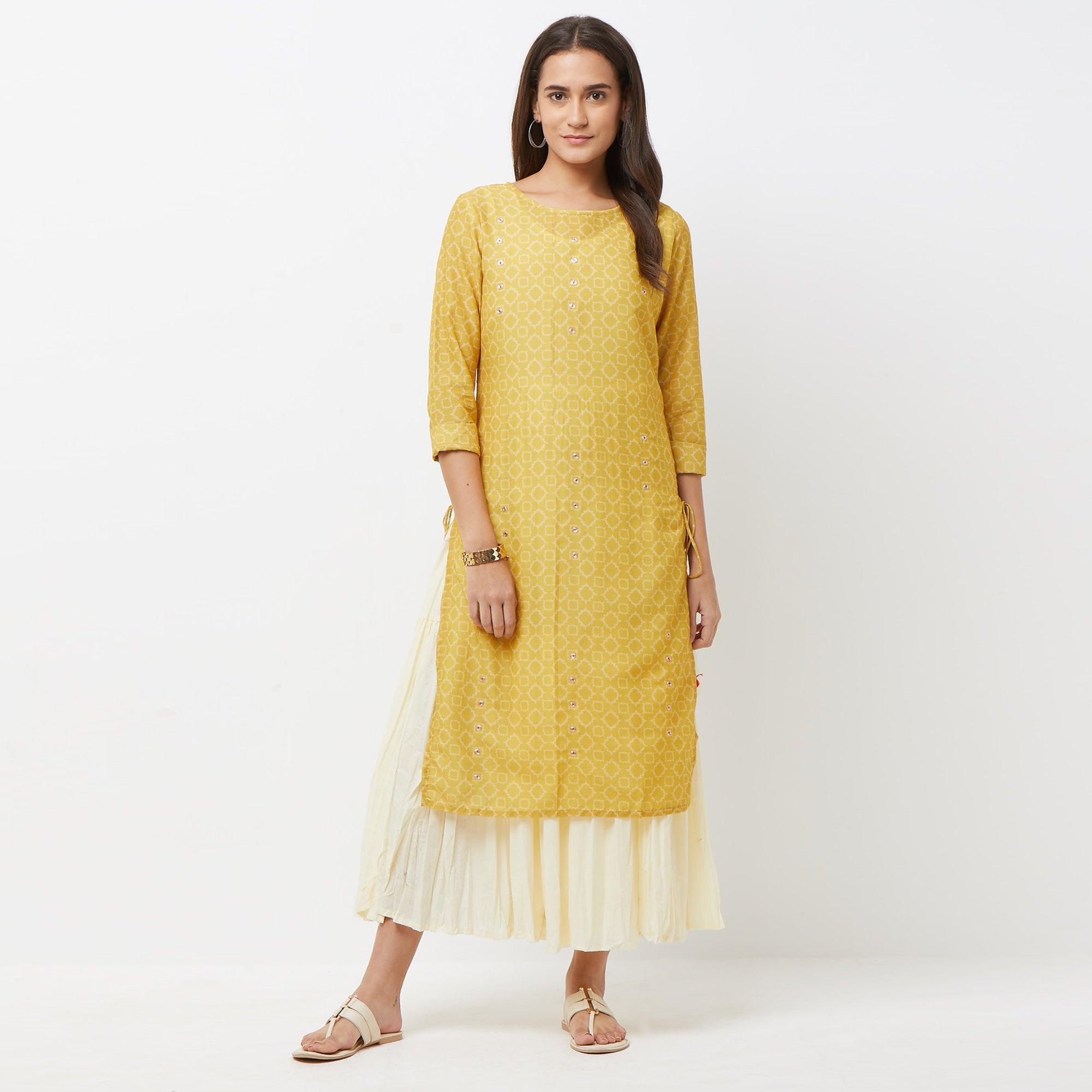 Preferable Off White-Mustard Yellow Colored Partywear Printed Cotton Long Kurti - Peachmode