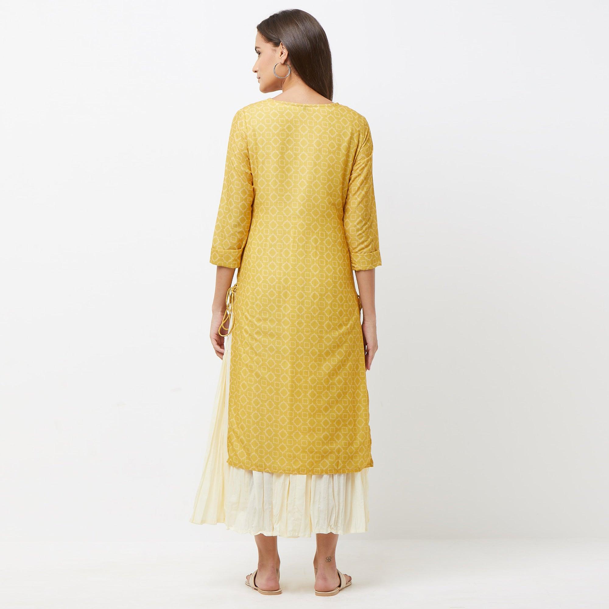 Preferable Off White-Mustard Yellow Colored Partywear Printed Cotton Long Kurti - Peachmode