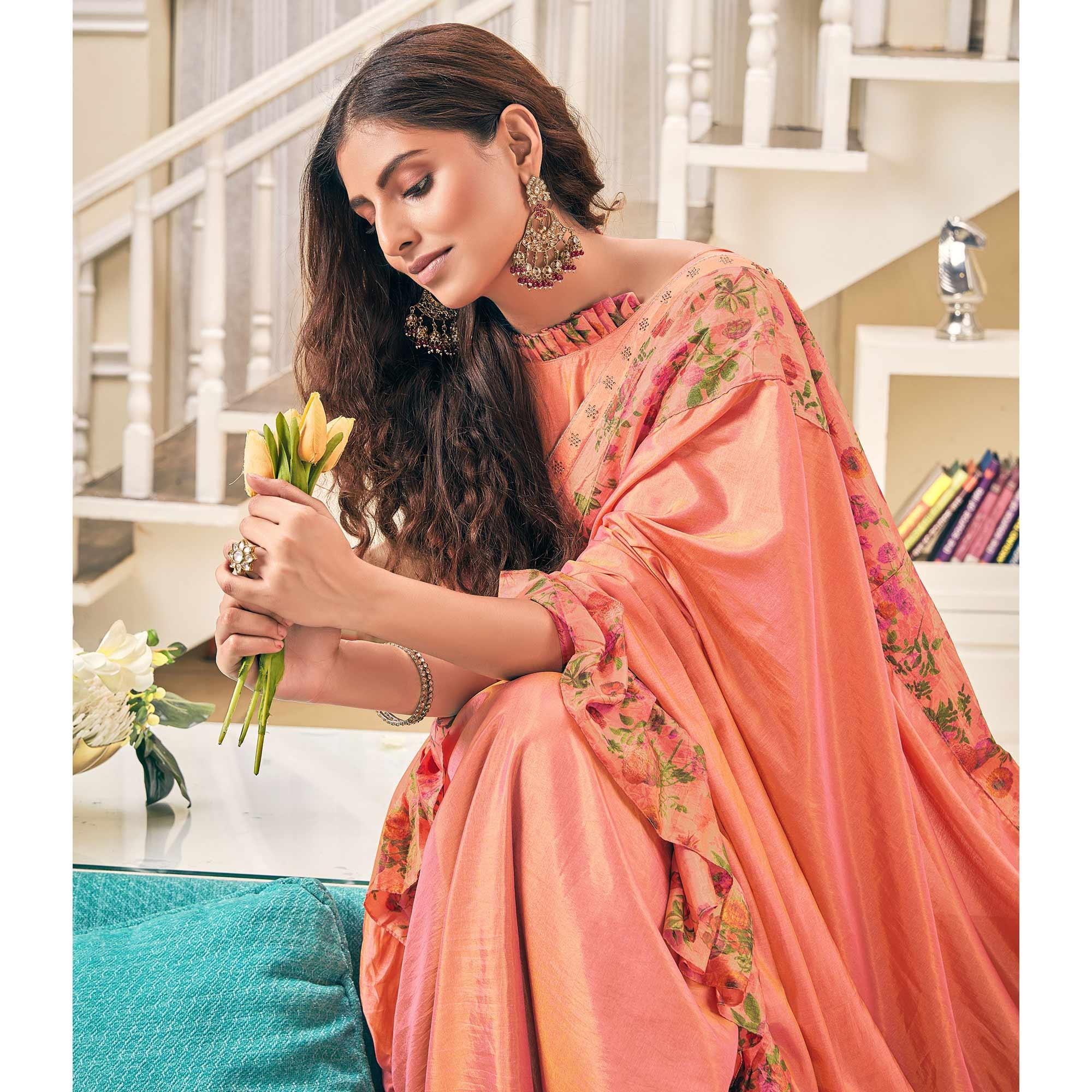 Preferable Peach Colored Partywear Digital Printed Silk Saree - Peachmode