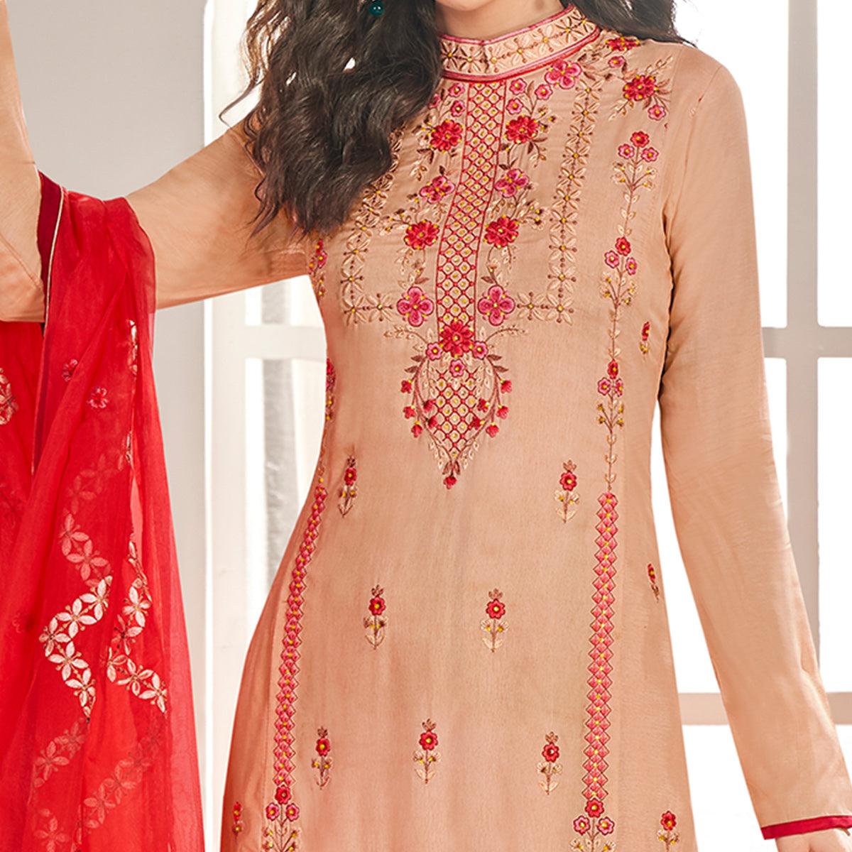 Preferable Peach Colored Partywear Floral Embroidered Cotton Kurti-Palazzo Set With Dupatta - Peachmode