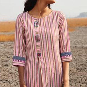 Preferable Pink Colored Casual Printed Cotton Kurti-Bottom Set - Peachmode