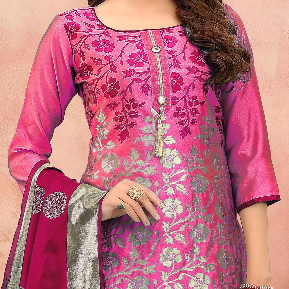 Preferable Pink Colored Festive Wear Woven Heavy Banarasi Silk Dress Material - Peachmode