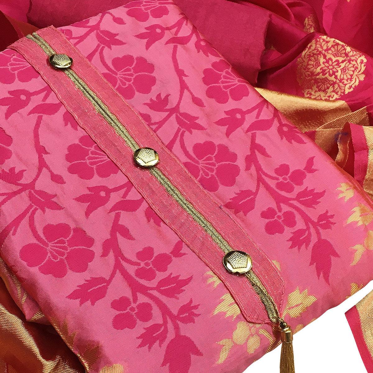 Preferable Pink Colored Festive Wear Woven Heavy Banarasi Silk Dress Material - Peachmode