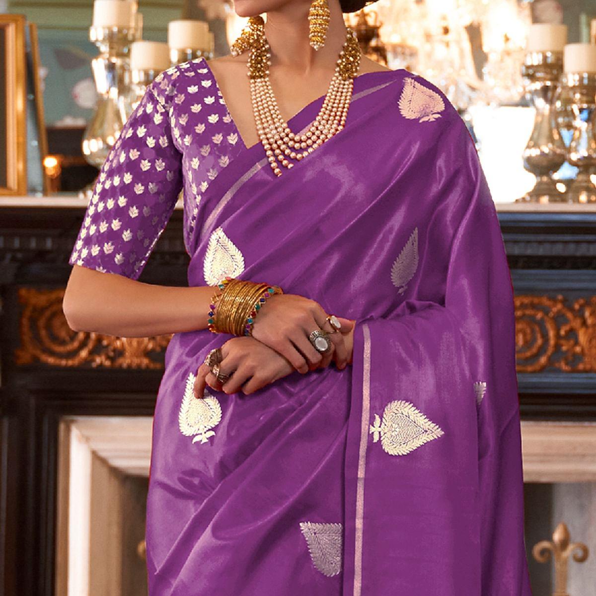 Preferable Purple Colored Festive Wear Woven Pure Satin Silk Saree - Peachmode