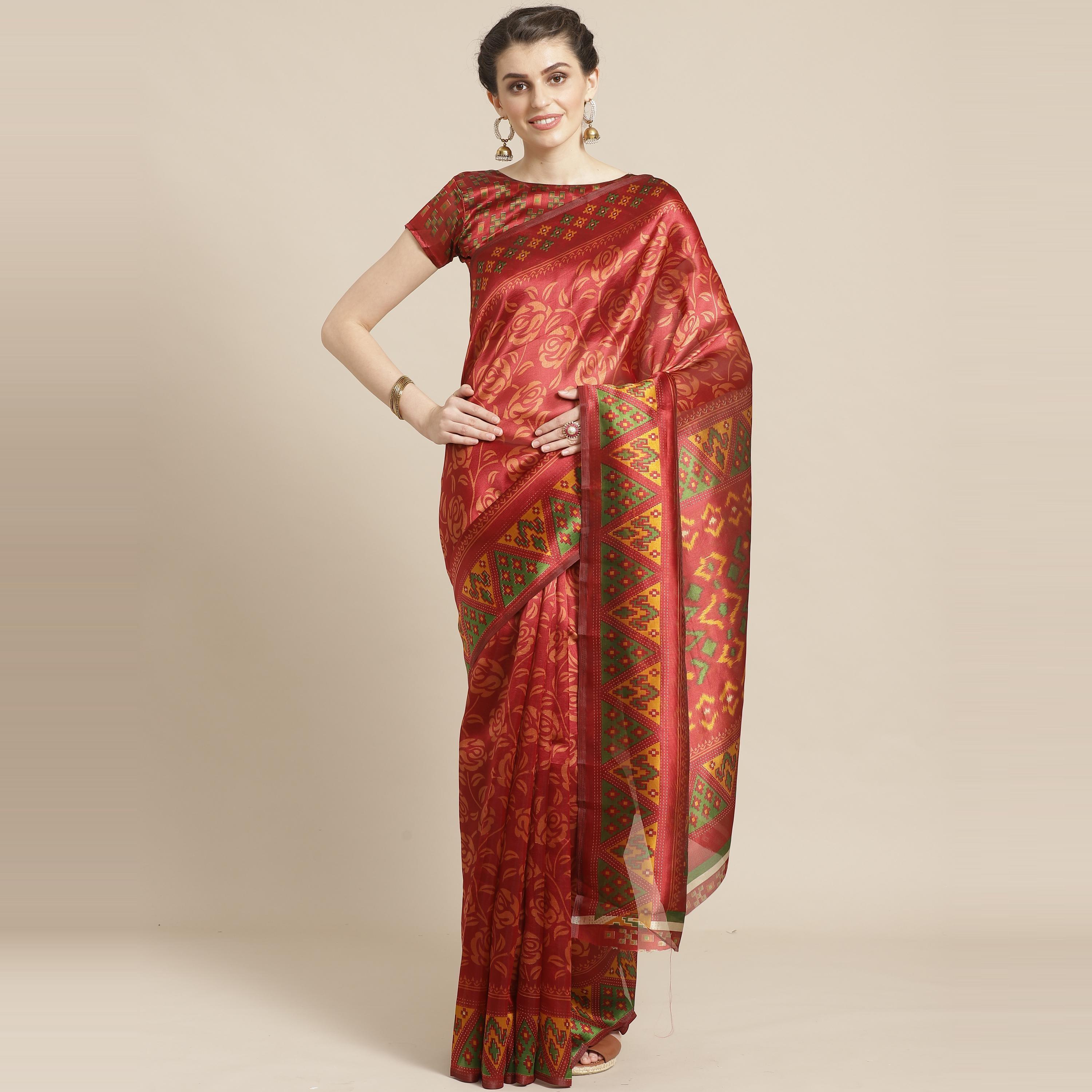 Preferable Red Colored Casual Wear Printed Lichi Silk Saree - Peachmode