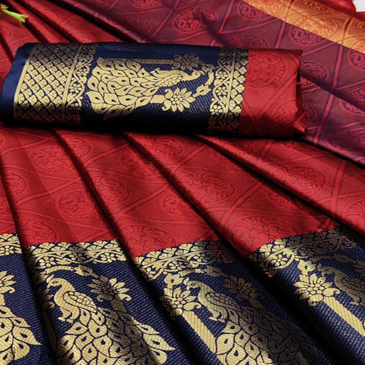 Preferable Red Coloured Festive Wear Woven Cotton Silk Saree - Peachmode