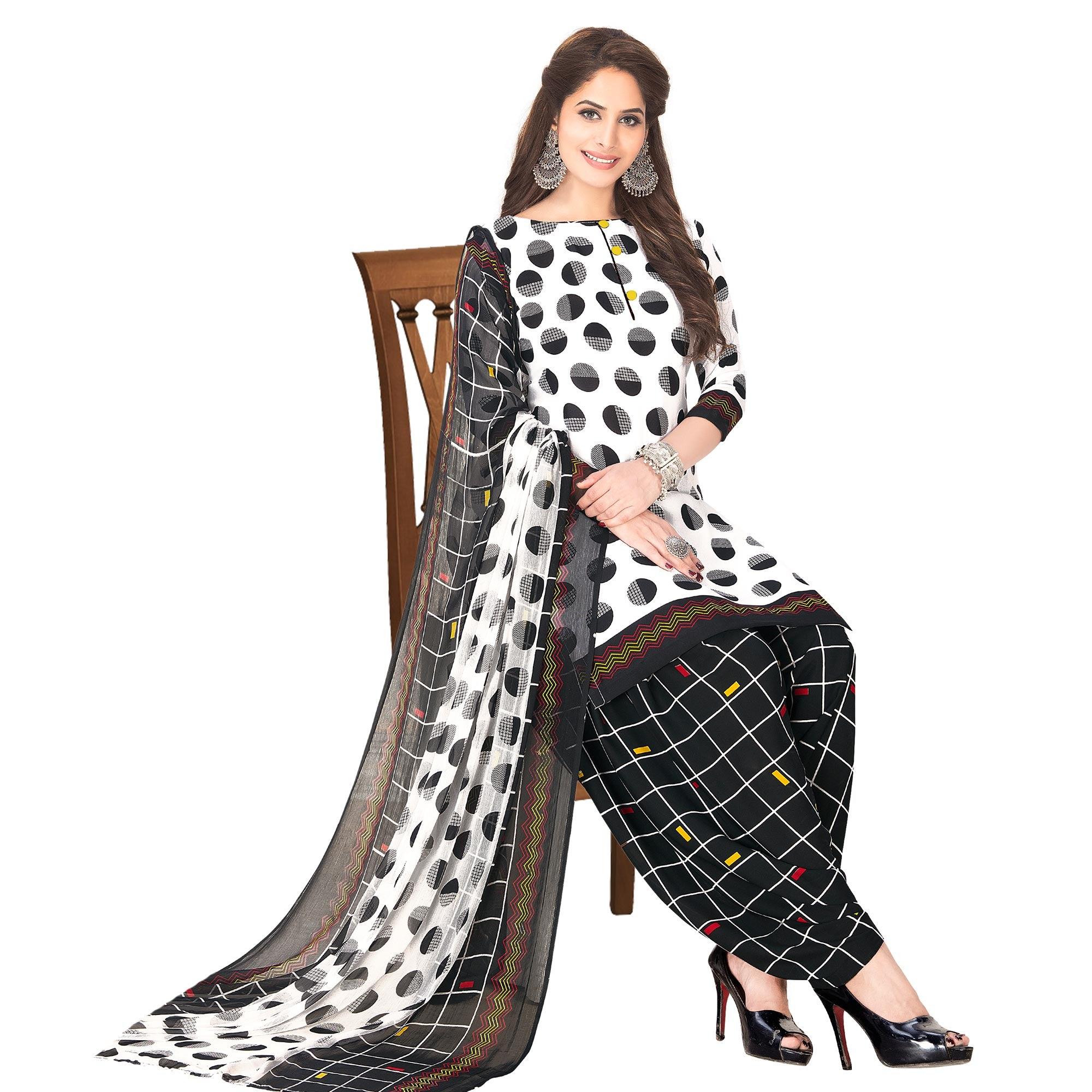 Preferable White - Black Colored Casual Wear Printed Crepe Patiala Dress Material - Peachmode