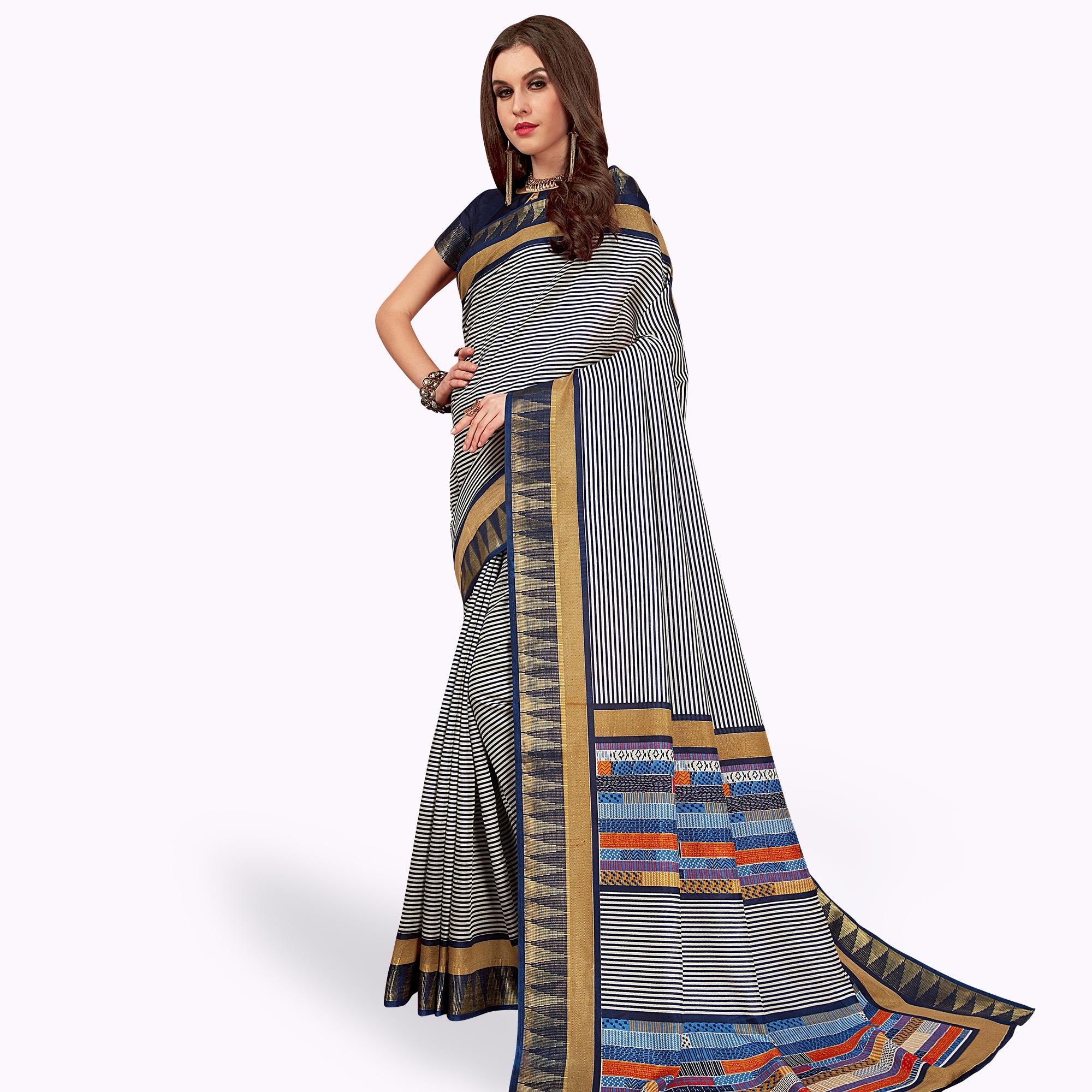 Preferable White-Navy Blue Colored Casual Printed Manipuri Silk Saree - Peachmode