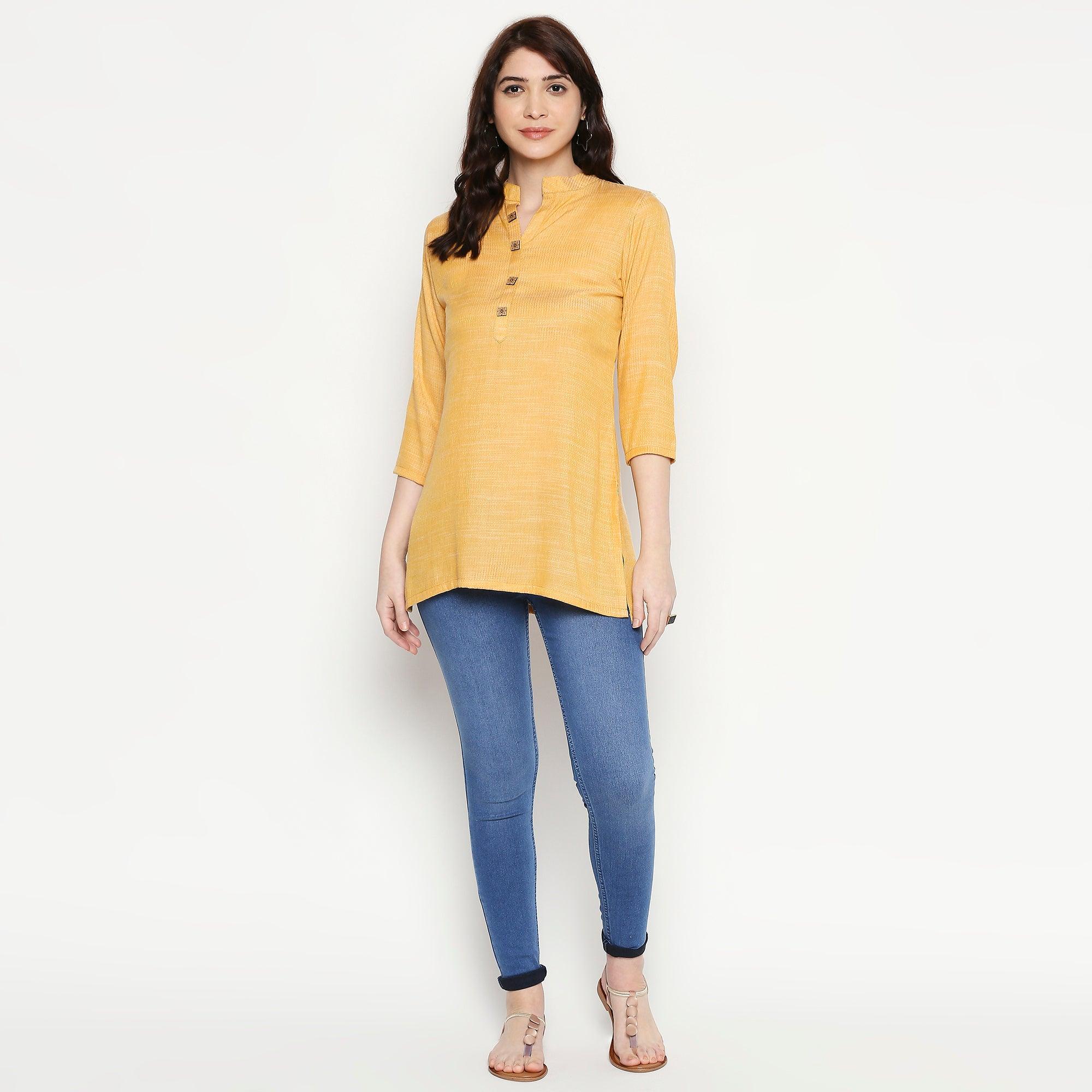 Preferable Yellow Colored Casual Wear Solid Cotton Western Top - Peachmode