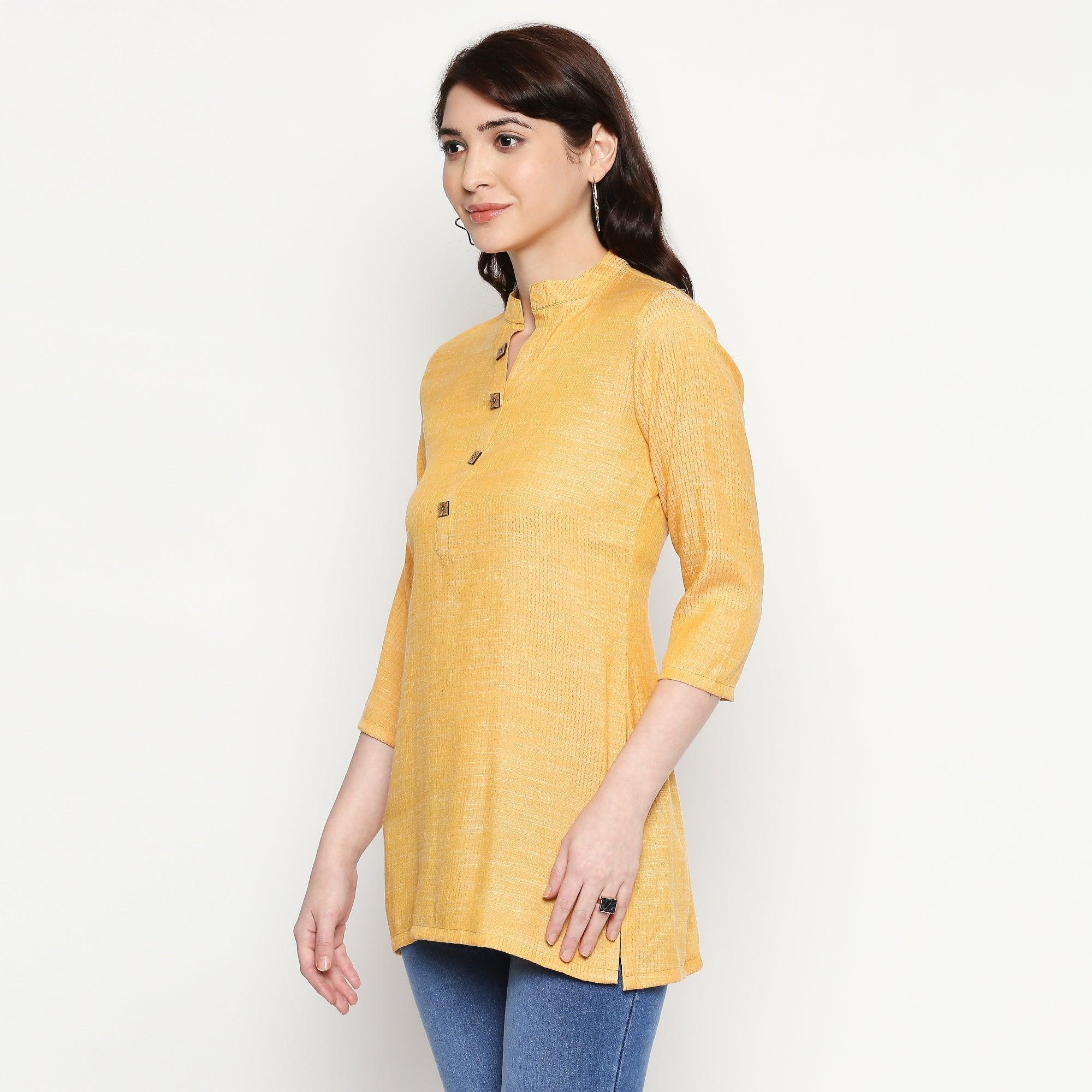 Preferable Yellow Colored Casual Wear Solid Cotton Western Top - Peachmode