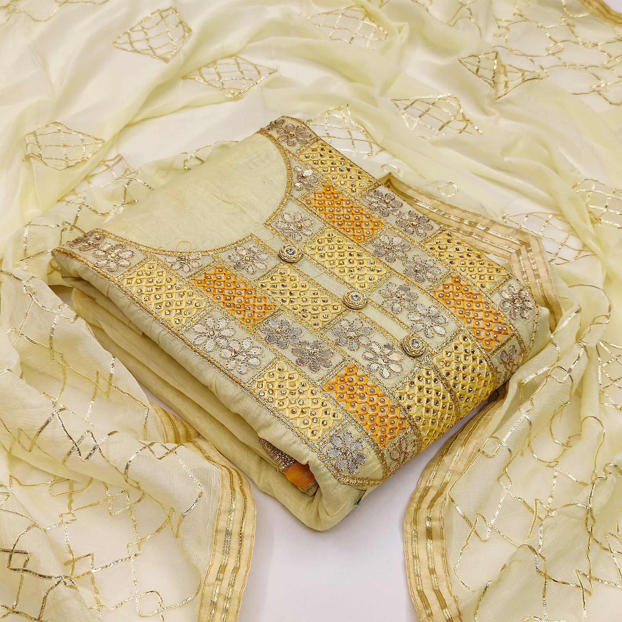 Preferable Yellow Colored Festive Wear Embroidered Heavy Modal Silk Dress Material - Peachmode