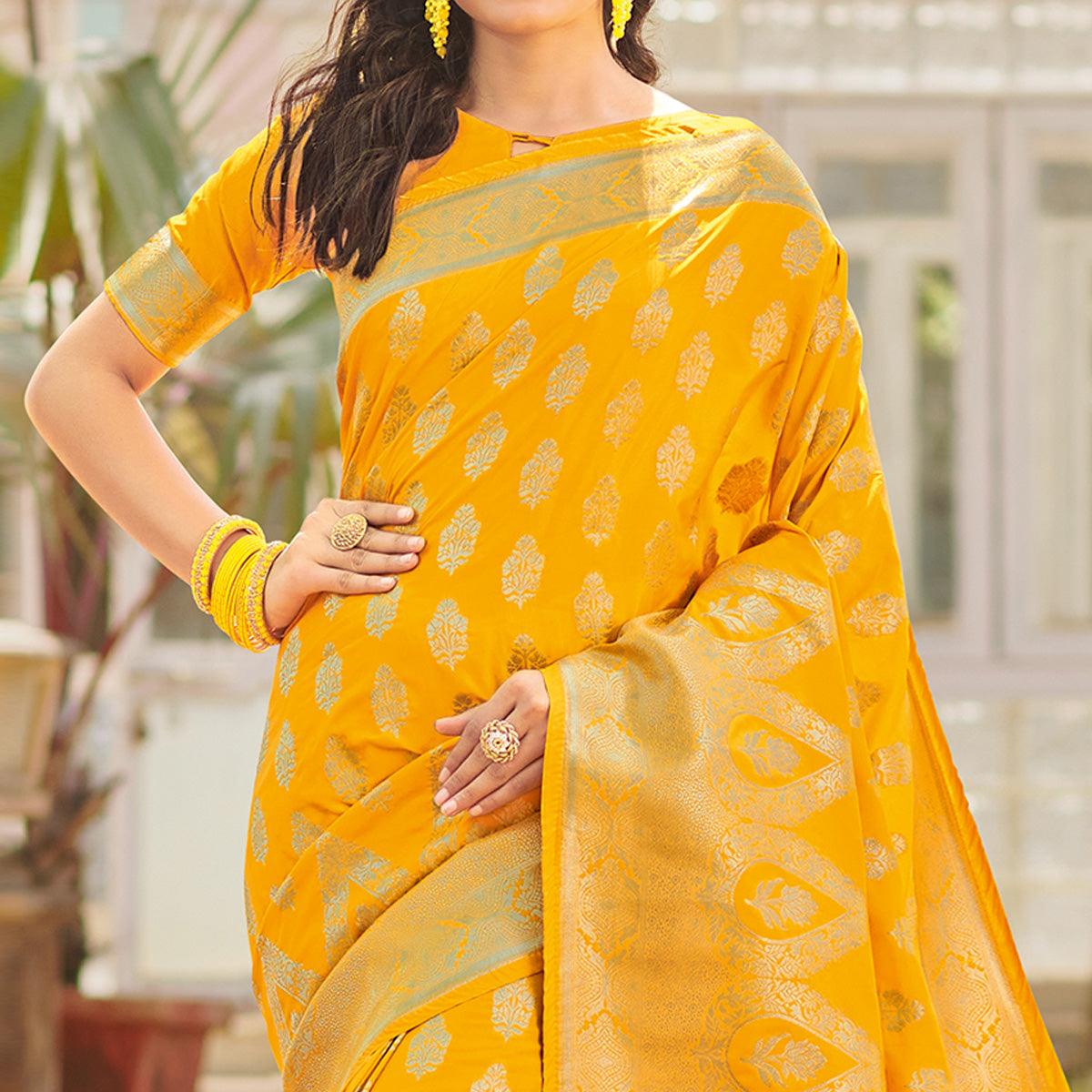 Preferable Yellow Colored Festive Wear Woven Silk Saree - Peachmode