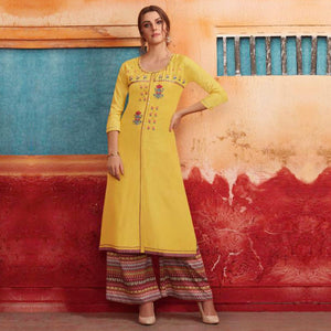 Preferable Yellow Colored Partywear Embroidered Pure Muslin-Silk Kurti-Palazzo Set - Peachmode
