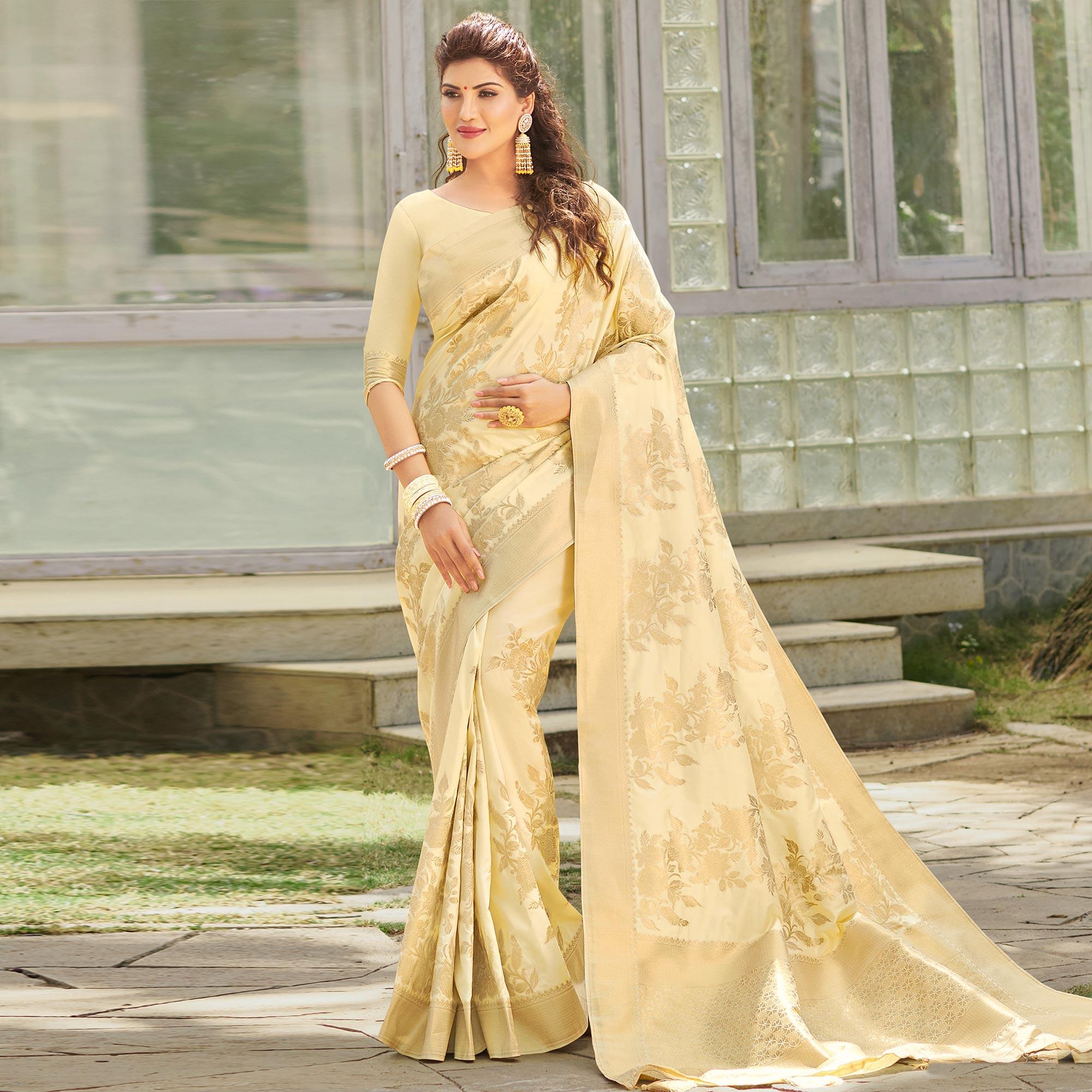 Pretty Beige Colored Festive Wear Woven Silk Saree - Peachmode
