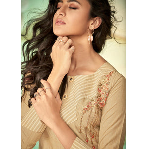 Pretty Beige Colored Party Wear Embroidered Cotton Silk Kurti-Pant Set - Peachmode