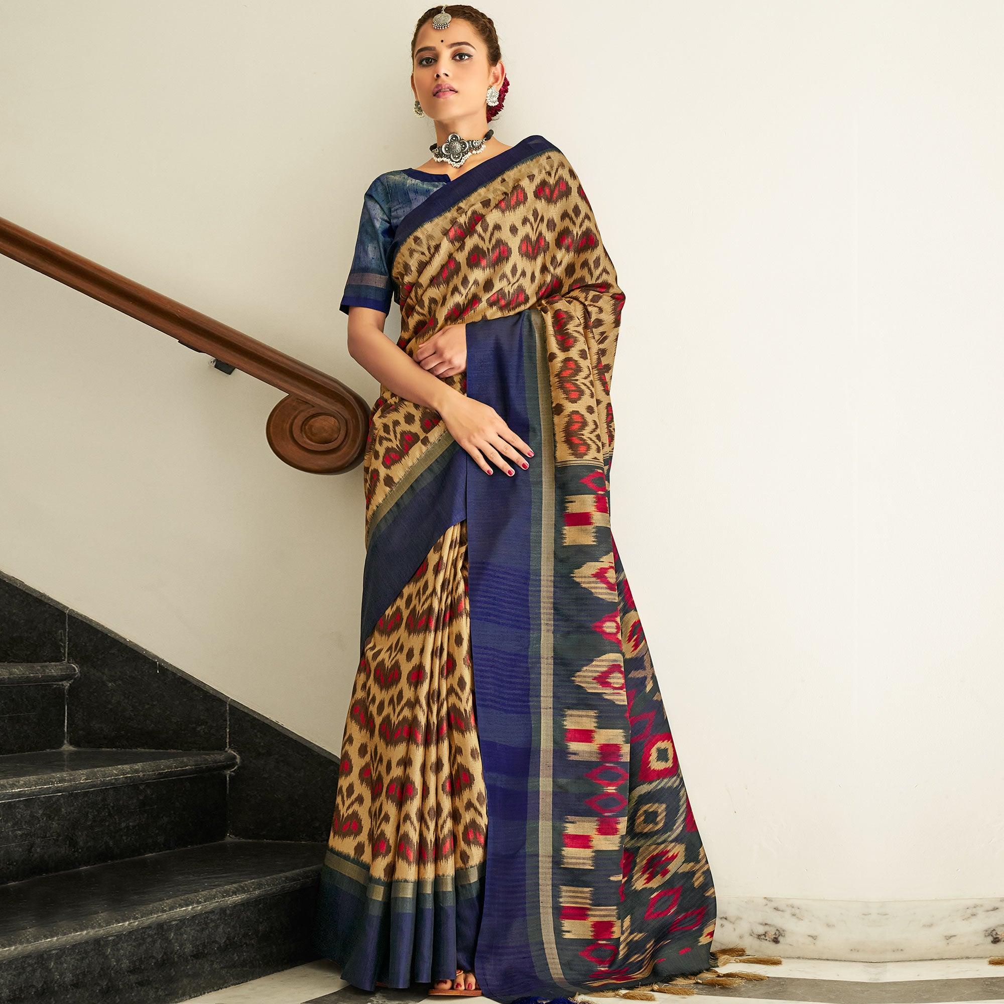 Pretty Beige Coloured Partywear Woven Silk Saree - Peachmode