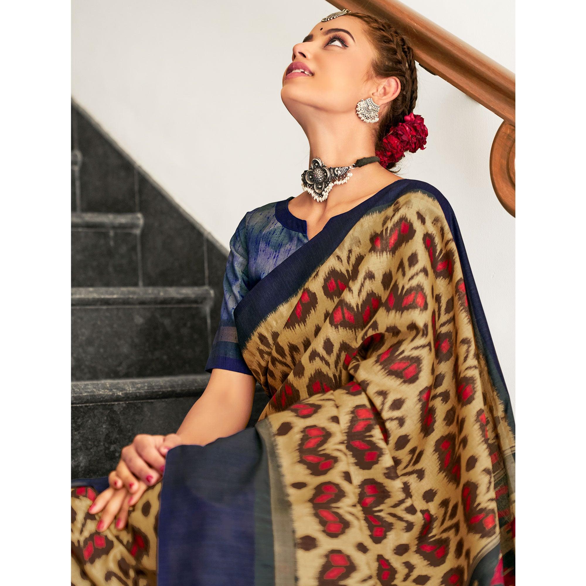 Pretty Beige Coloured Partywear Woven Silk Saree - Peachmode