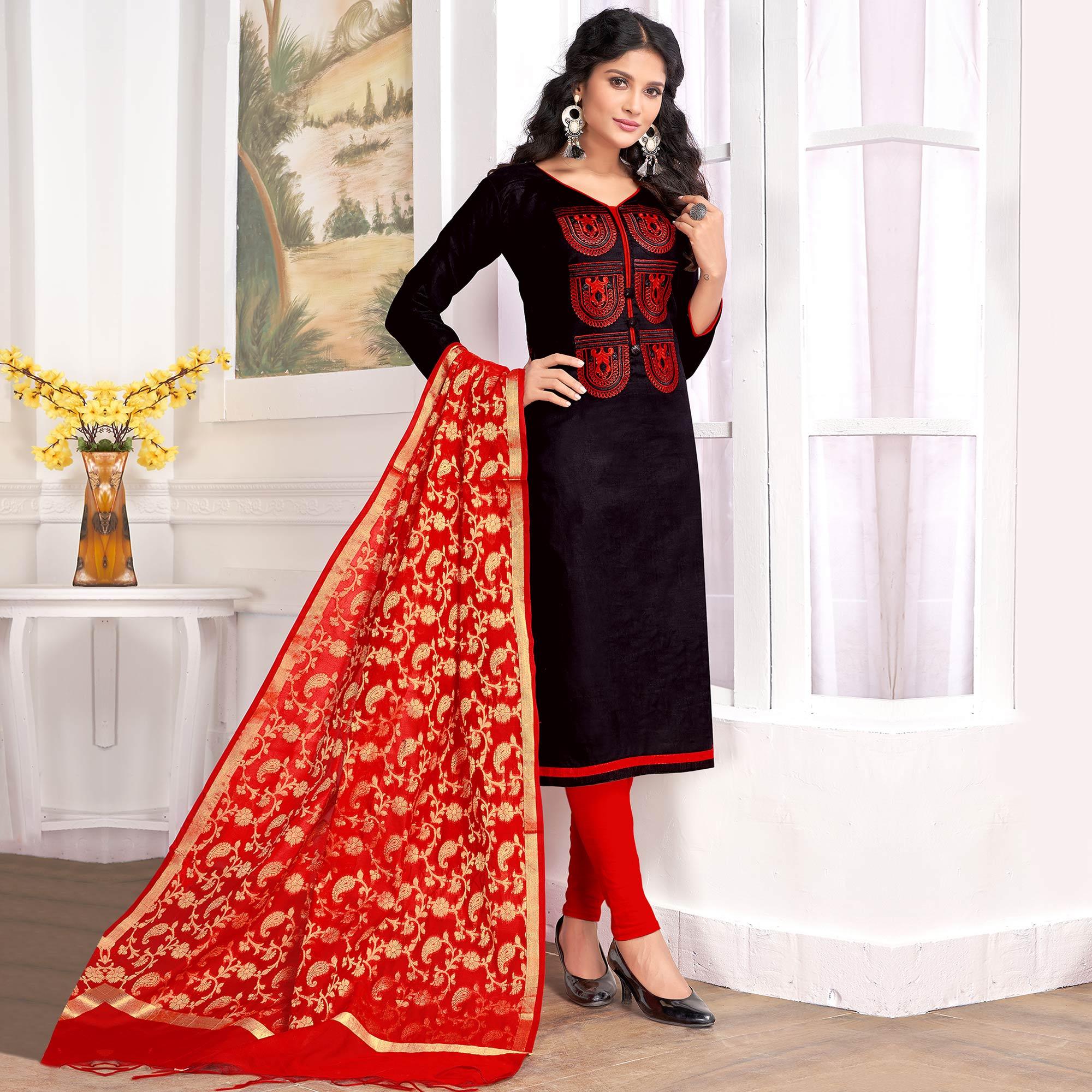 Pretty Black Colored Party Wear Embroidered Cotton Salwar Suit - Peachmode