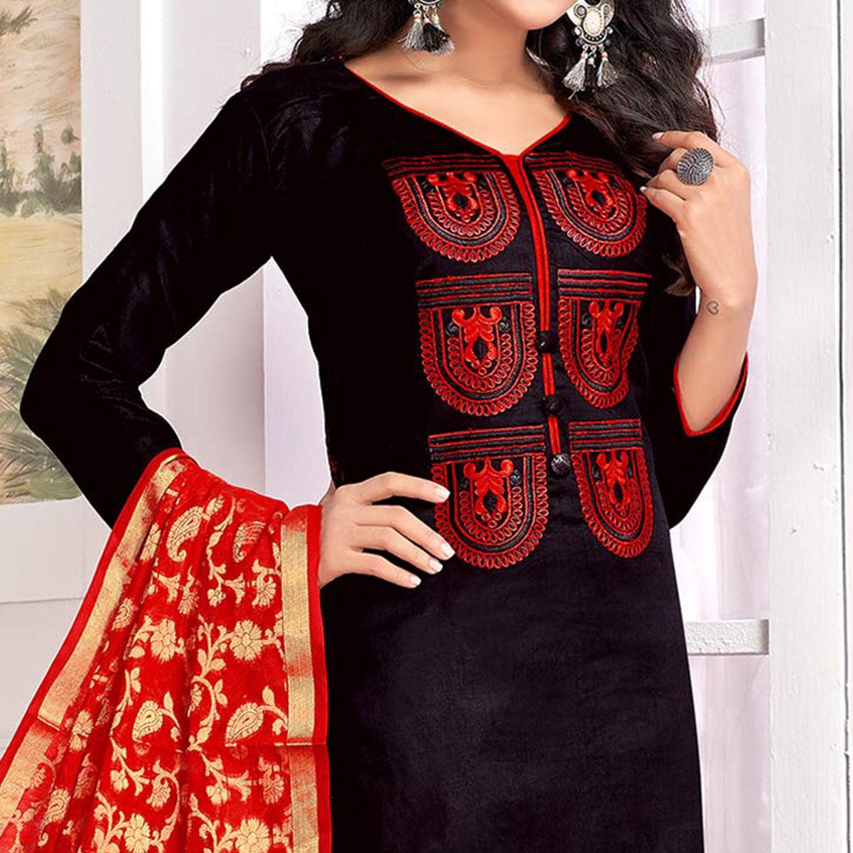 Pretty Black Colored Party Wear Embroidered Cotton Salwar Suit - Peachmode