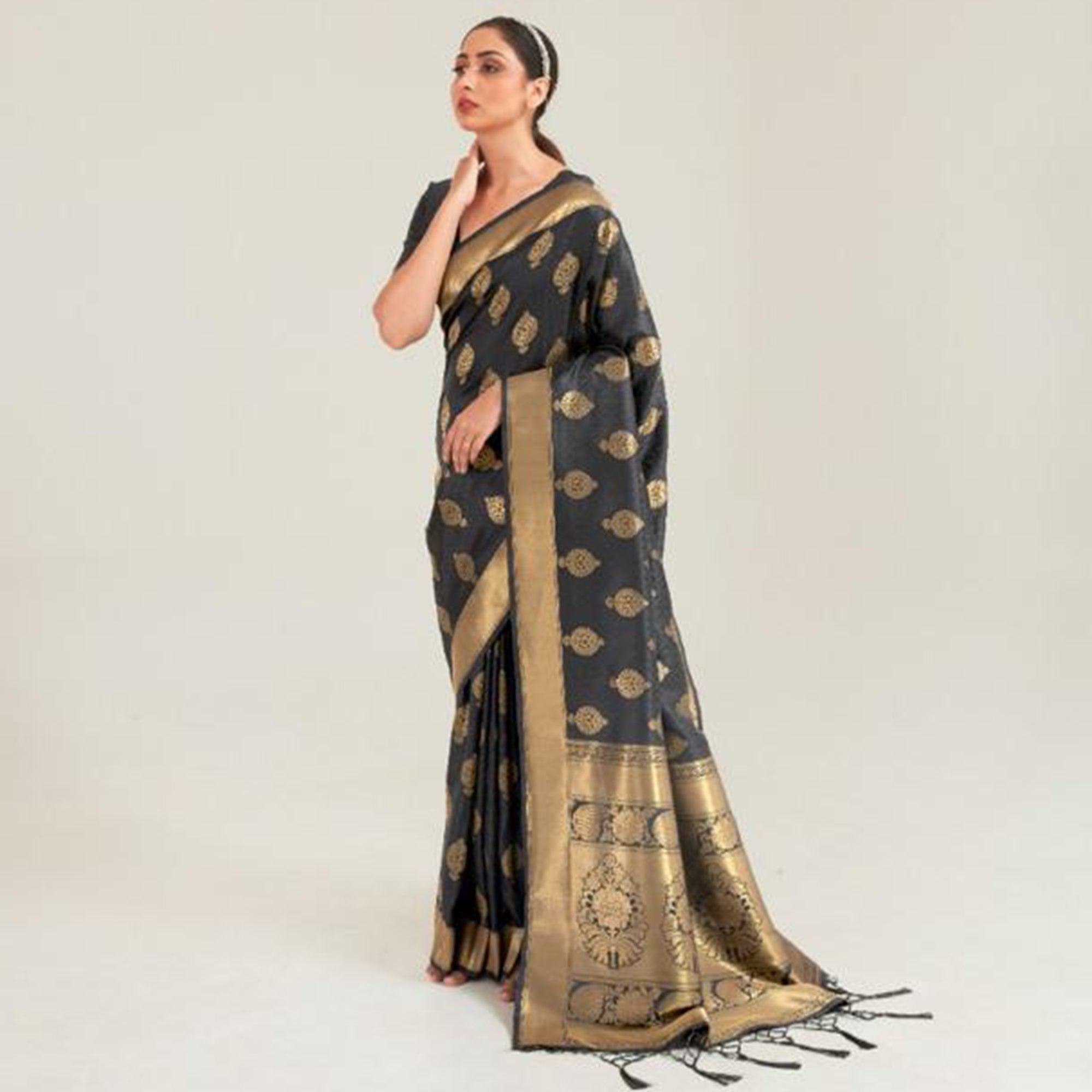 Pretty Black Coloured Festive Wear Handloom Woven Silk Saree - Peachmode