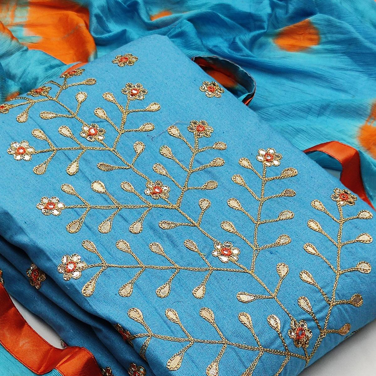 Pretty Blue Colored Festive Wear Embroidered Handloom Cotton Dress Material - Peachmode