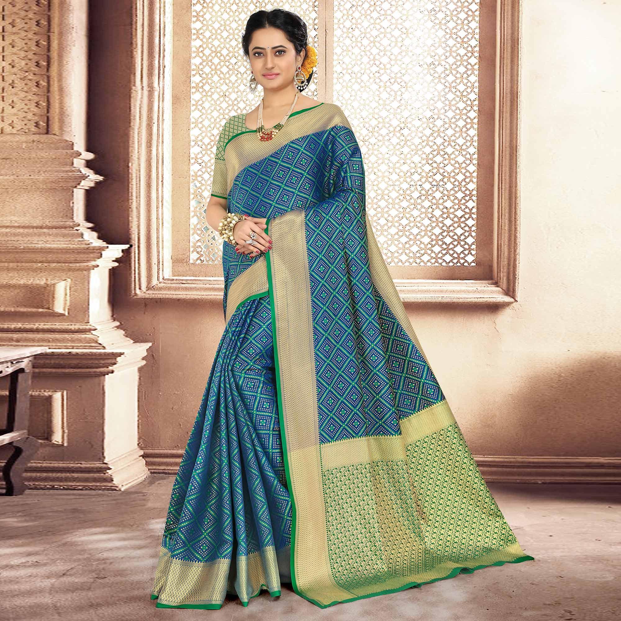 Pretty Blue Colored Festive Wear Woven Banarasi Silk Saree - Peachmode