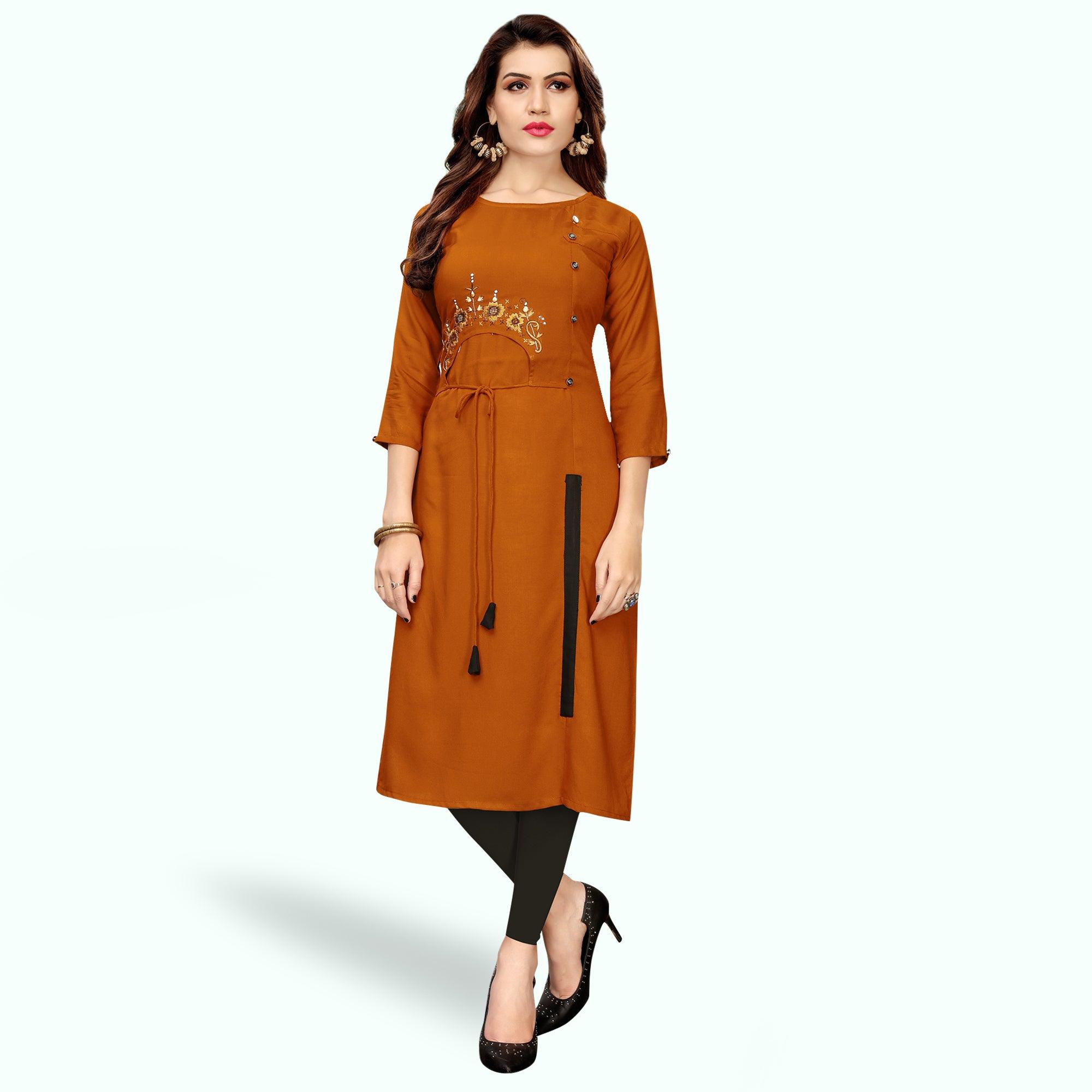 Pretty Burnt Orange Colored Partywear Embroidered Rayon Kurti - Peachmode