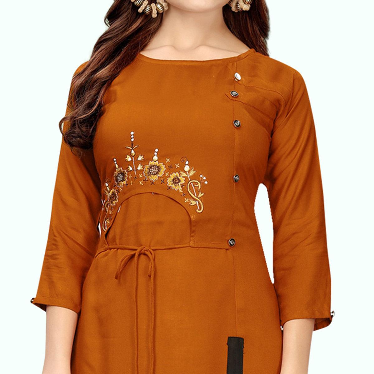 Pretty Burnt Orange Colored Partywear Embroidered Rayon Kurti - Peachmode