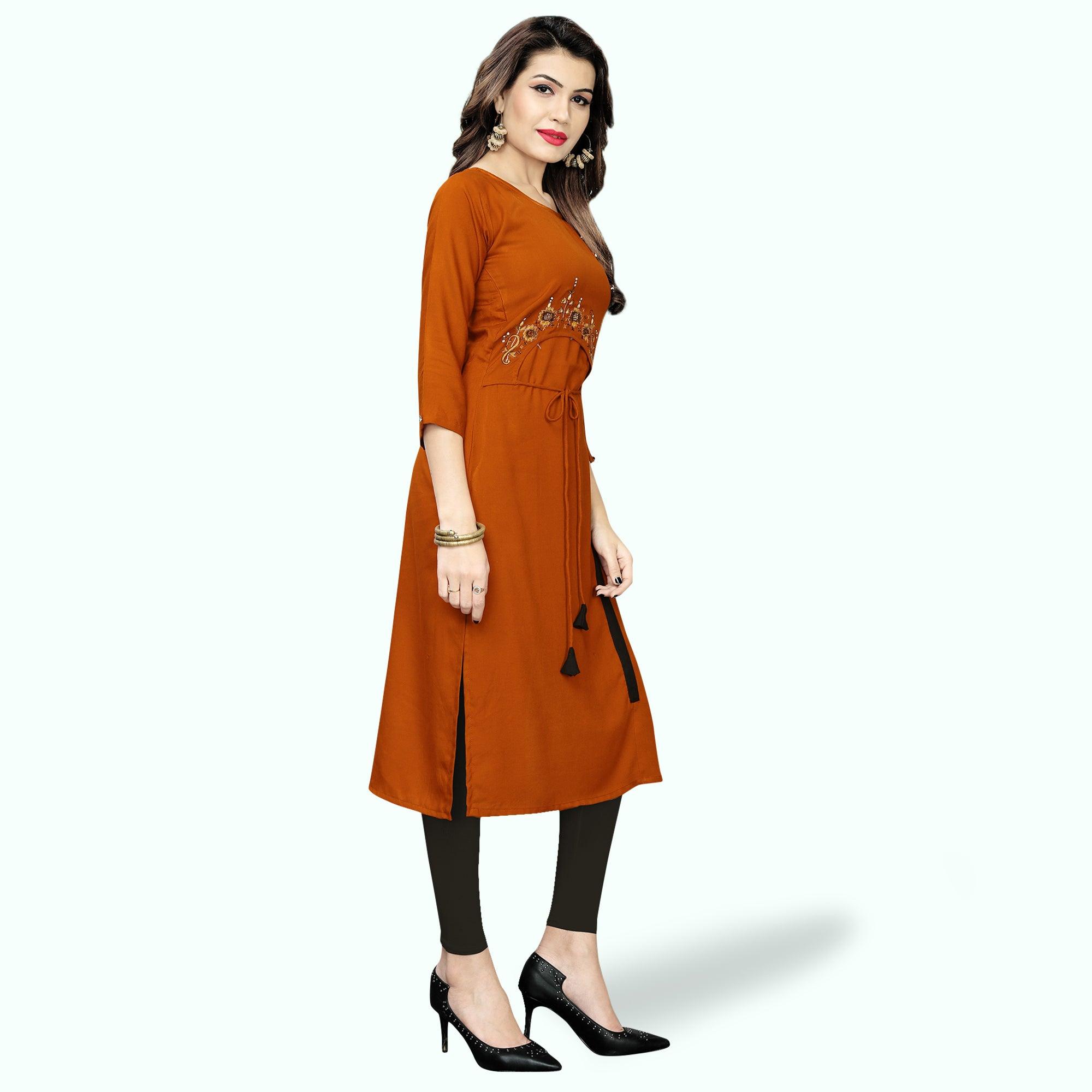 Pretty Burnt Orange Colored Partywear Embroidered Rayon Kurti - Peachmode