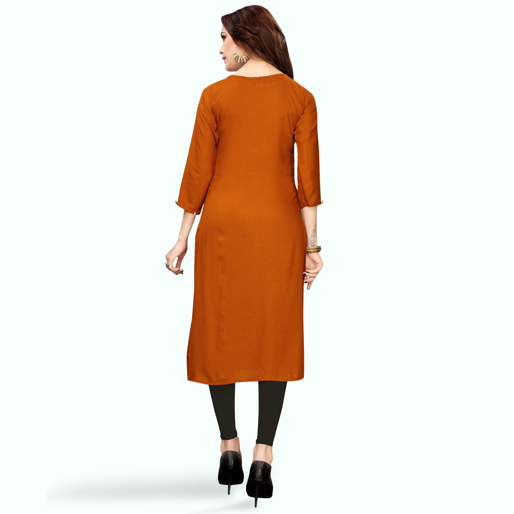 Pretty Burnt Orange Colored Partywear Embroidered Rayon Kurti - Peachmode