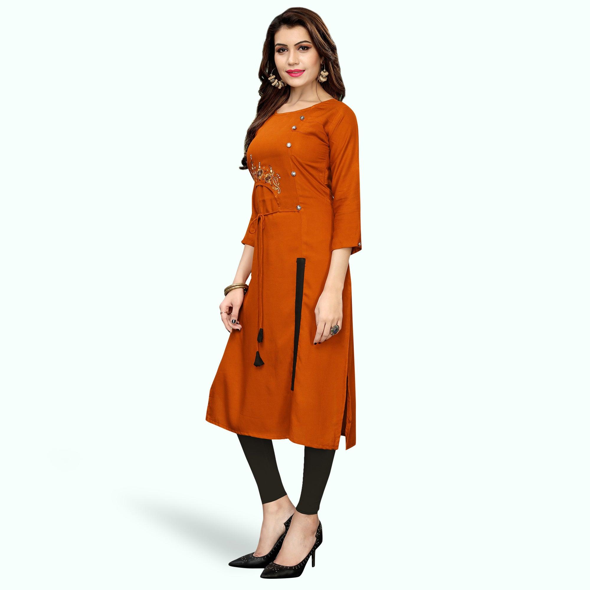 Pretty Burnt Orange Colored Partywear Embroidered Rayon Kurti - Peachmode