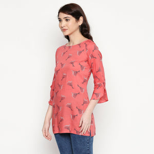 Pretty Coral Red Colored Casual Wear Printed Cotton Western Top - Peachmode